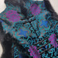 90s Vintage Oriental Brocade Rabbit Fur Trimmed Vest / Dress in Rich Blue and Purples