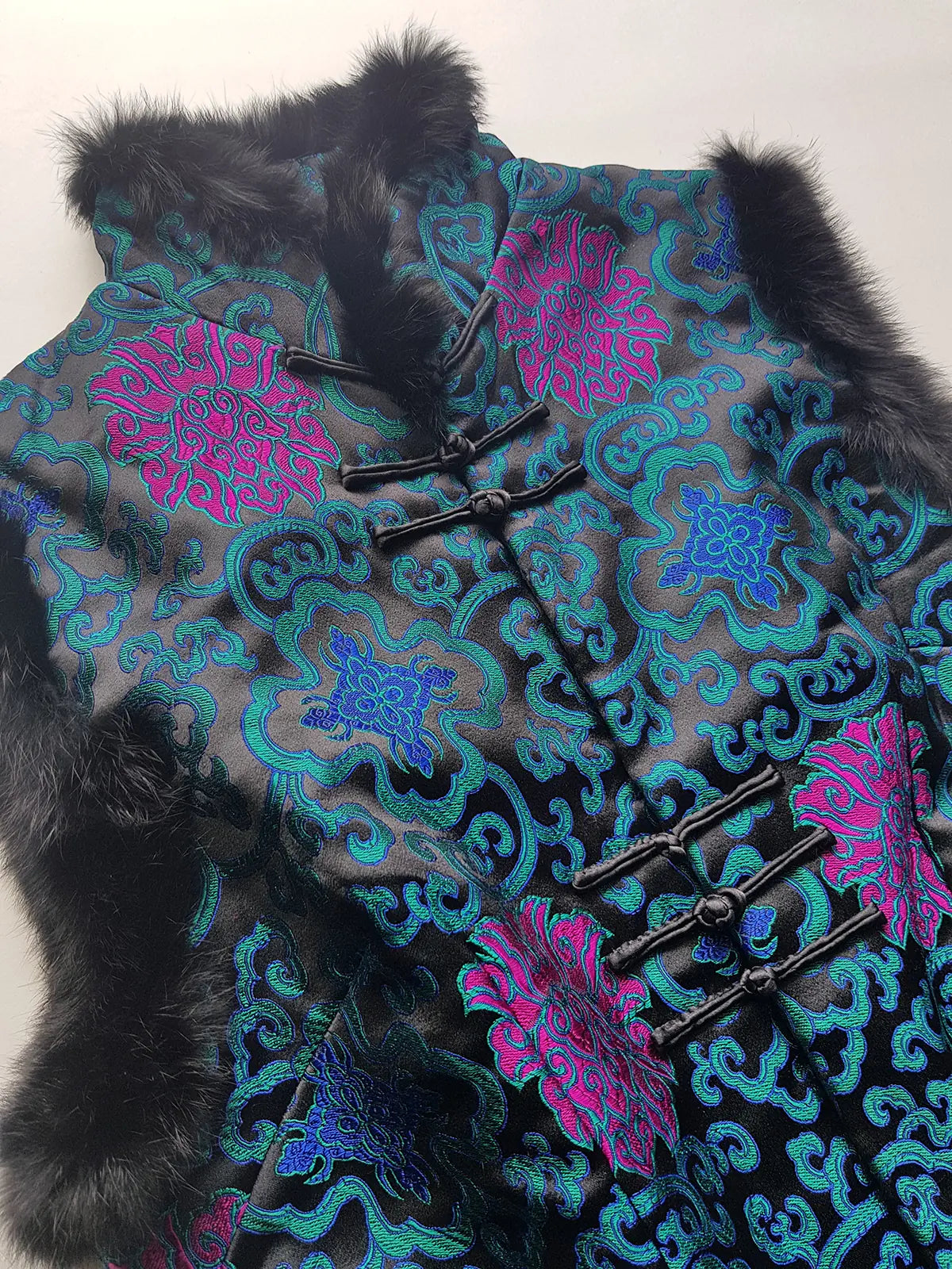 90s Vintage Oriental Brocade Rabbit Fur Trimmed Vest / Dress in Rich Blue and Purples