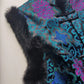 90s Vintage Oriental Brocade Rabbit Fur Trimmed Vest / Dress in Rich Blue and Purples