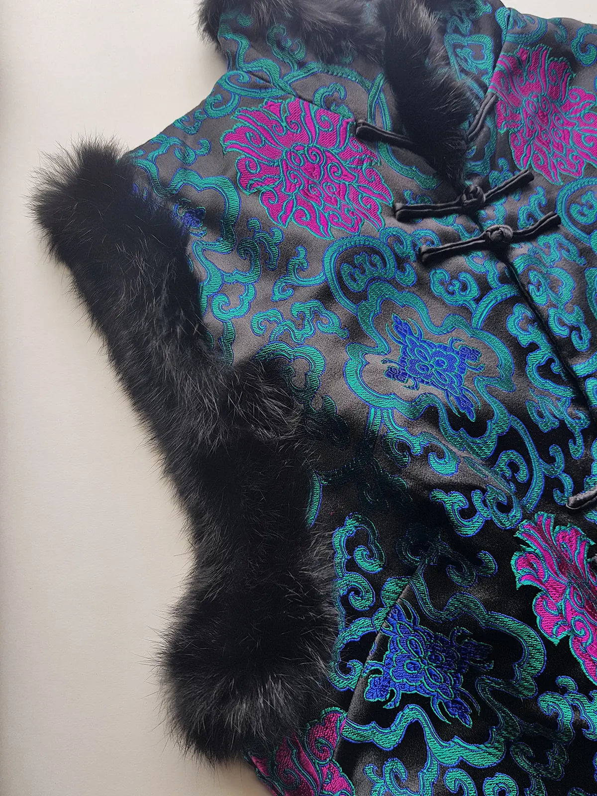 90s Vintage Oriental Brocade Rabbit Fur Trimmed Vest / Dress in Rich Blue and Purples