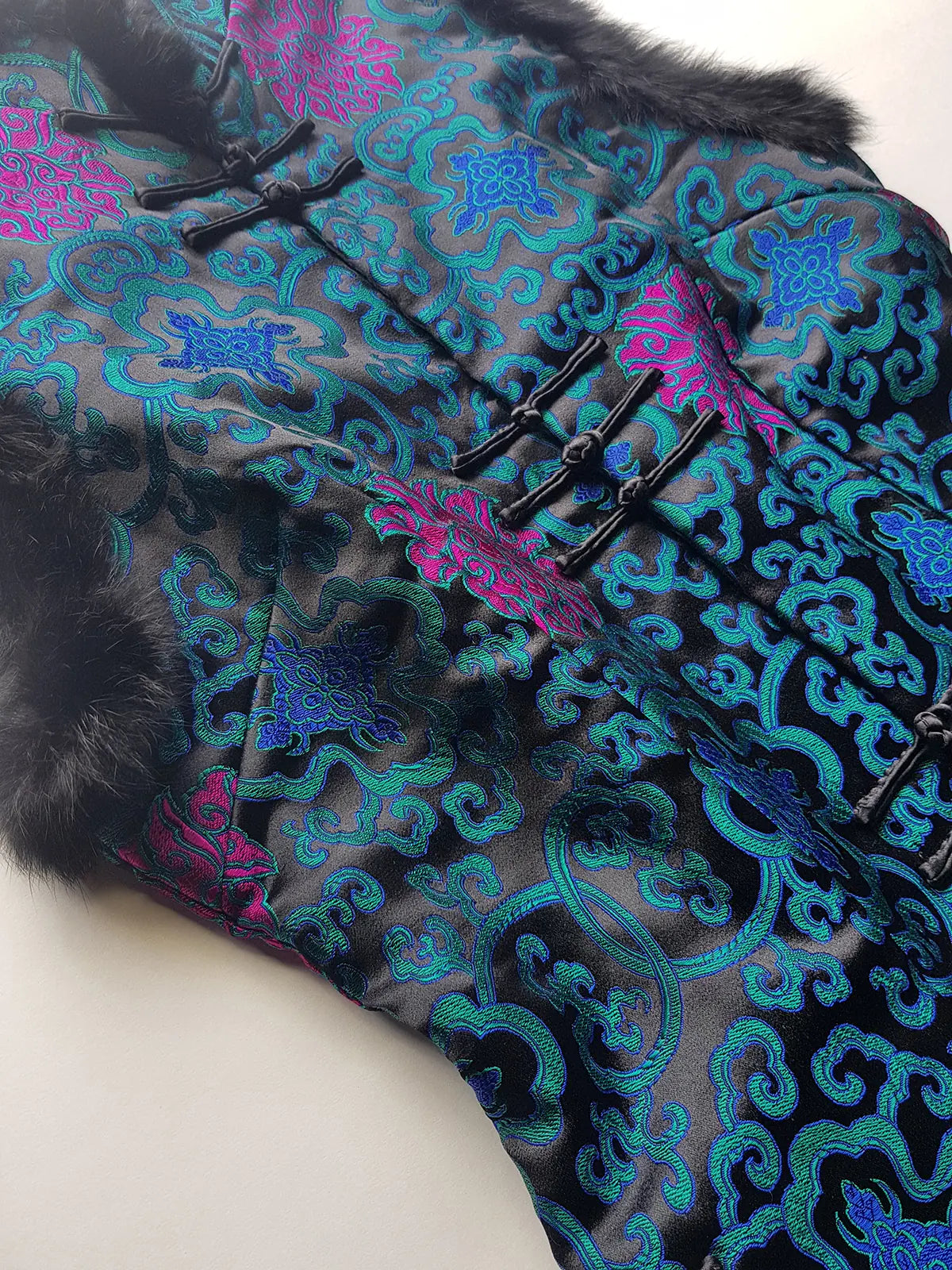 90s Vintage Oriental Brocade Rabbit Fur Trimmed Vest / Dress in Rich Blue and Purples