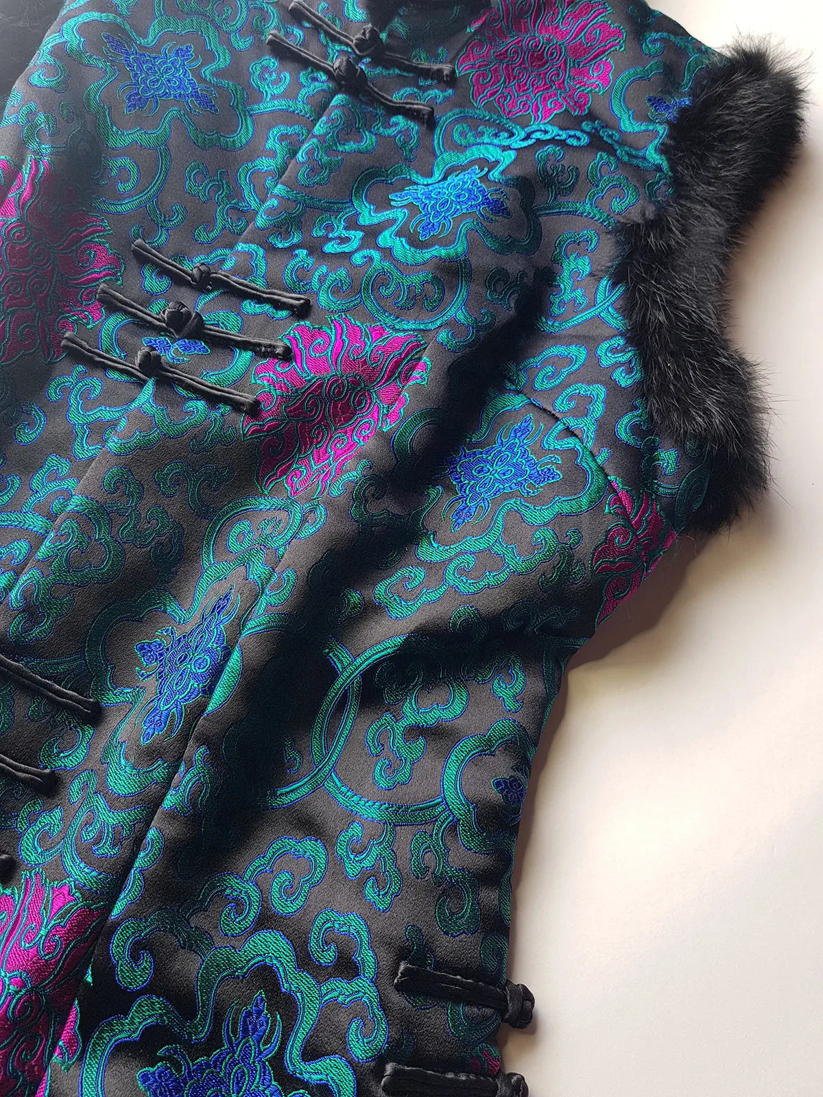 90s Vintage Oriental Brocade Rabbit Fur Trimmed Vest / Dress in Rich Blue and Purples