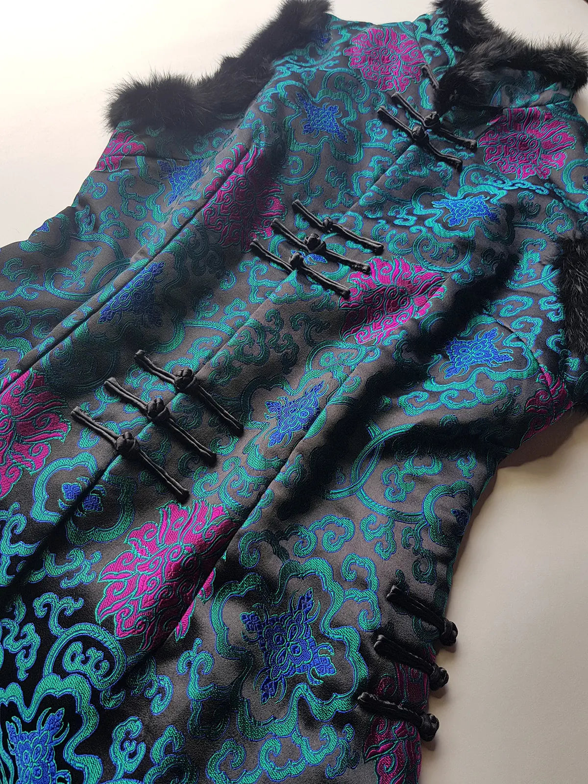 90s Vintage Oriental Brocade Rabbit Fur Trimmed Vest / Dress in Rich Blue and Purples