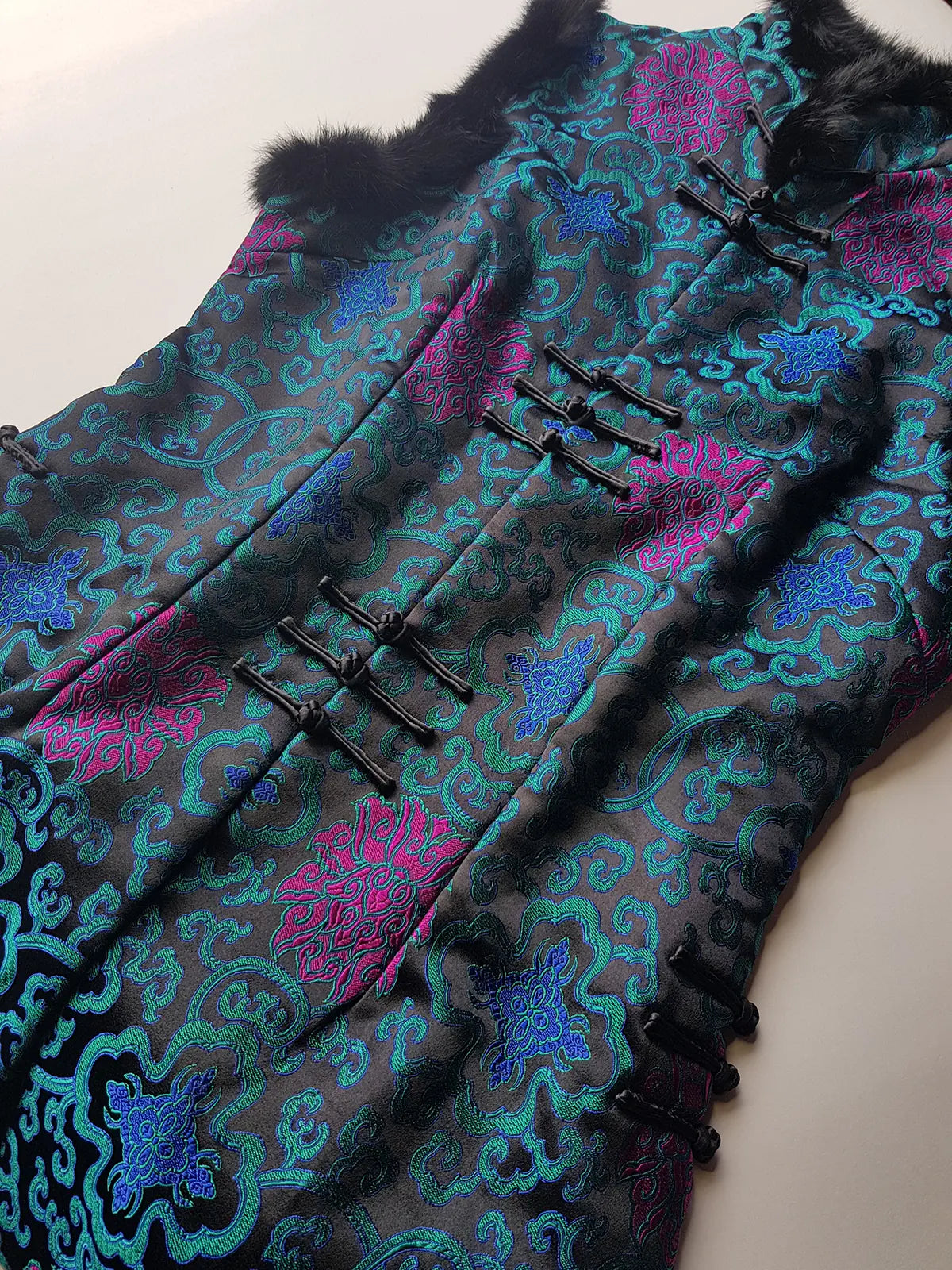 90s Vintage Oriental Brocade Rabbit Fur Trimmed Vest / Dress in Rich Blue and Purples