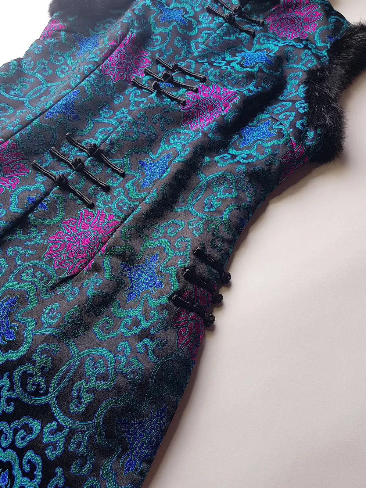 90s Vintage Oriental Brocade Rabbit Fur Trimmed Vest / Dress in Rich Blue and Purples