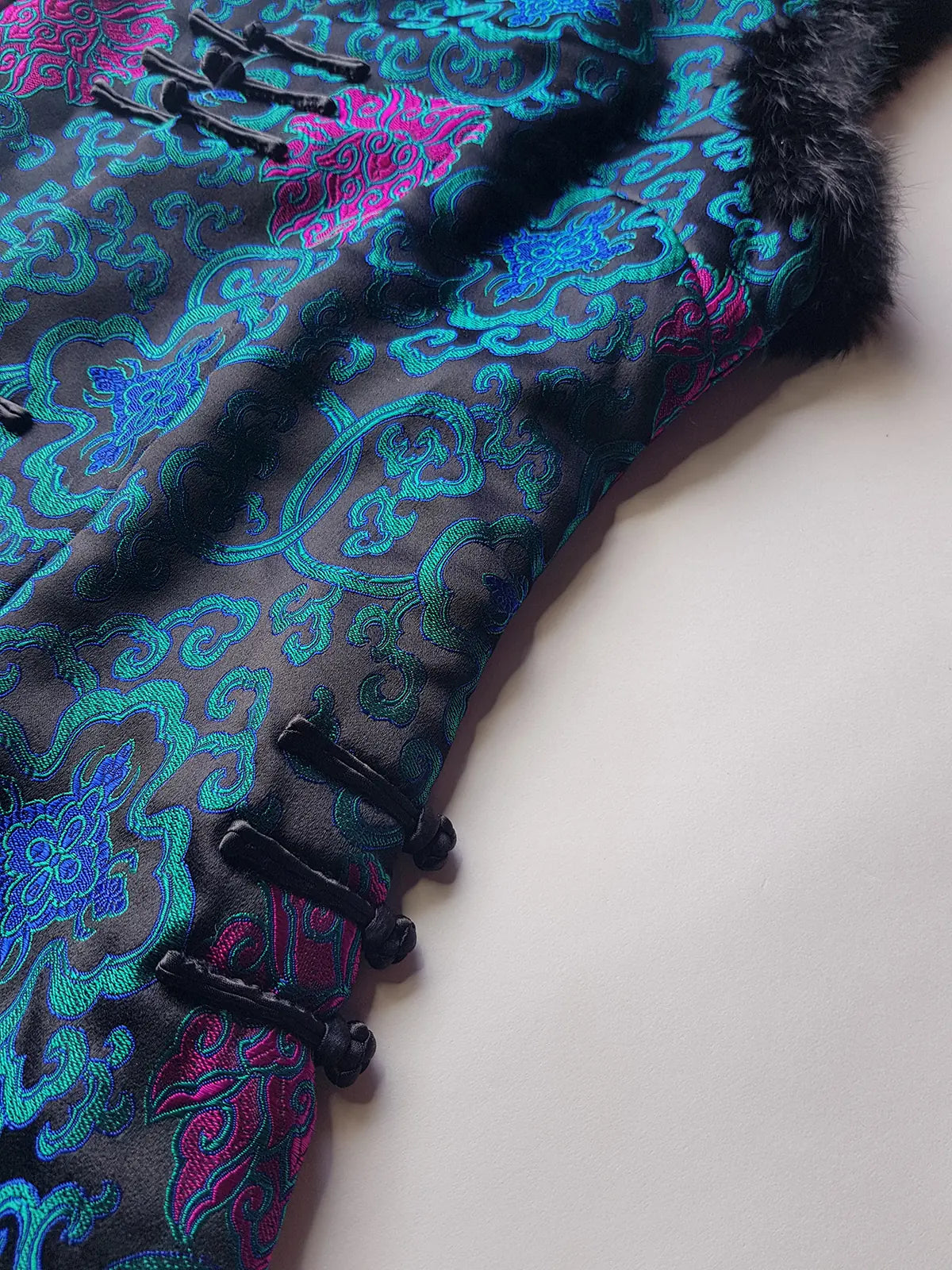 90s Vintage Oriental Brocade Rabbit Fur Trimmed Vest / Dress in Rich Blue and Purples