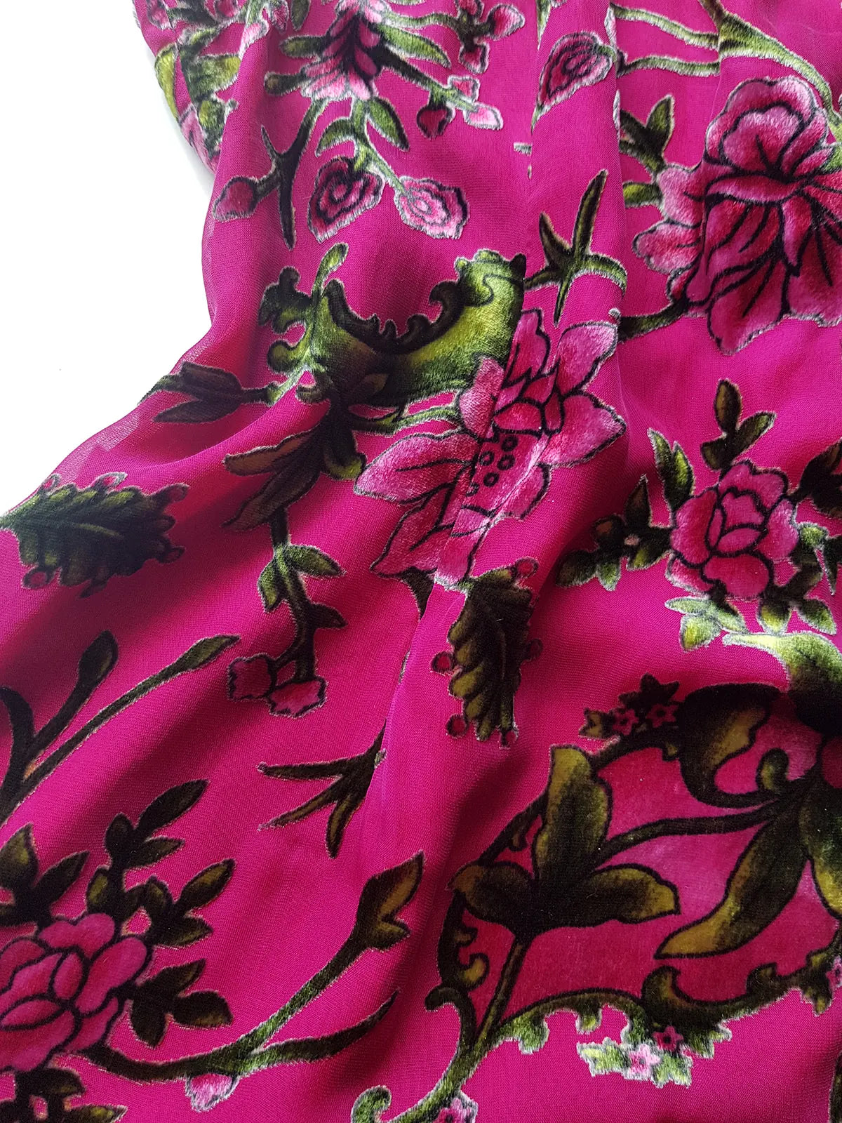 2000s Vintage Oriental Burnout Velvet Dress in Raspberry Pink & Green Florals - perfect for date night