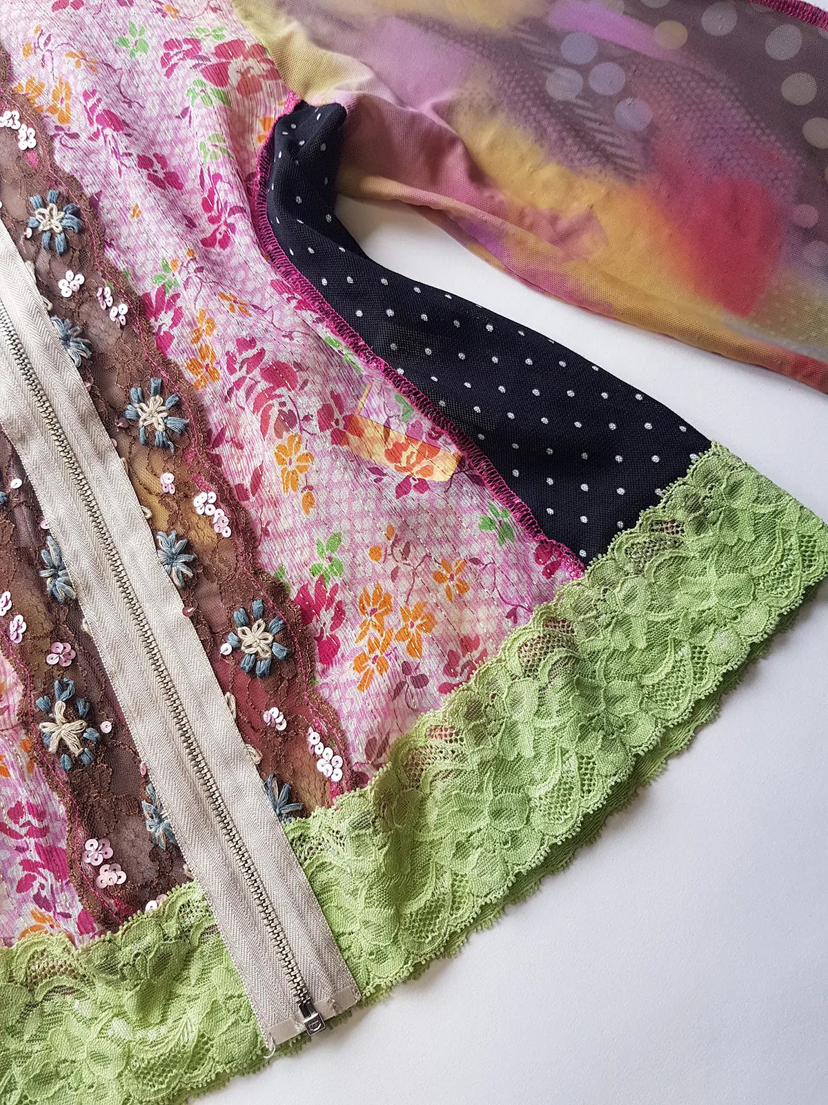 Unbelievable 90s Designer David Pond Mesh & Lace top with intricate hand embroidery and mixed fabrics in Pinks & Greens - very JPG style