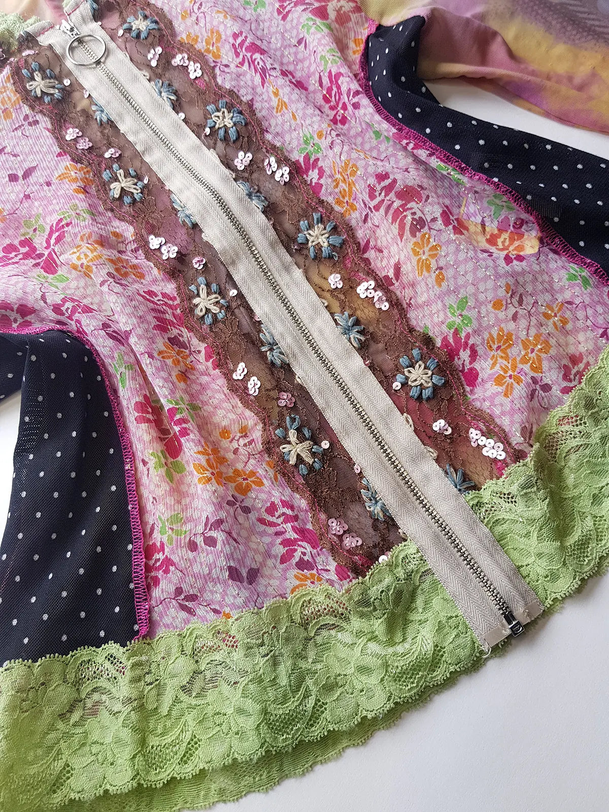 Unbelievable 90s Designer David Pond Mesh & Lace top with intricate hand embroidery and mixed fabrics in Pinks & Greens - very JPG style