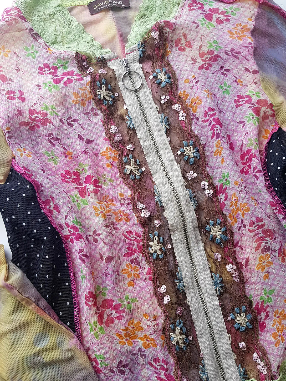 Unbelievable 90s Designer David Pond Mesh & Lace top with intricate hand embroidery and mixed fabrics in Pinks & Greens - very JPG style