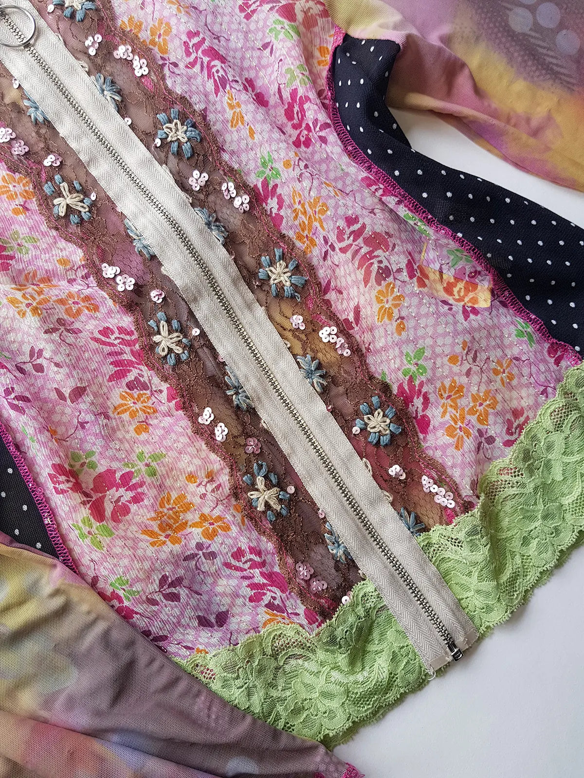 Unbelievable 90s Designer David Pond Mesh & Lace top with intricate hand embroidery and mixed fabrics in Pinks & Greens - very JPG style