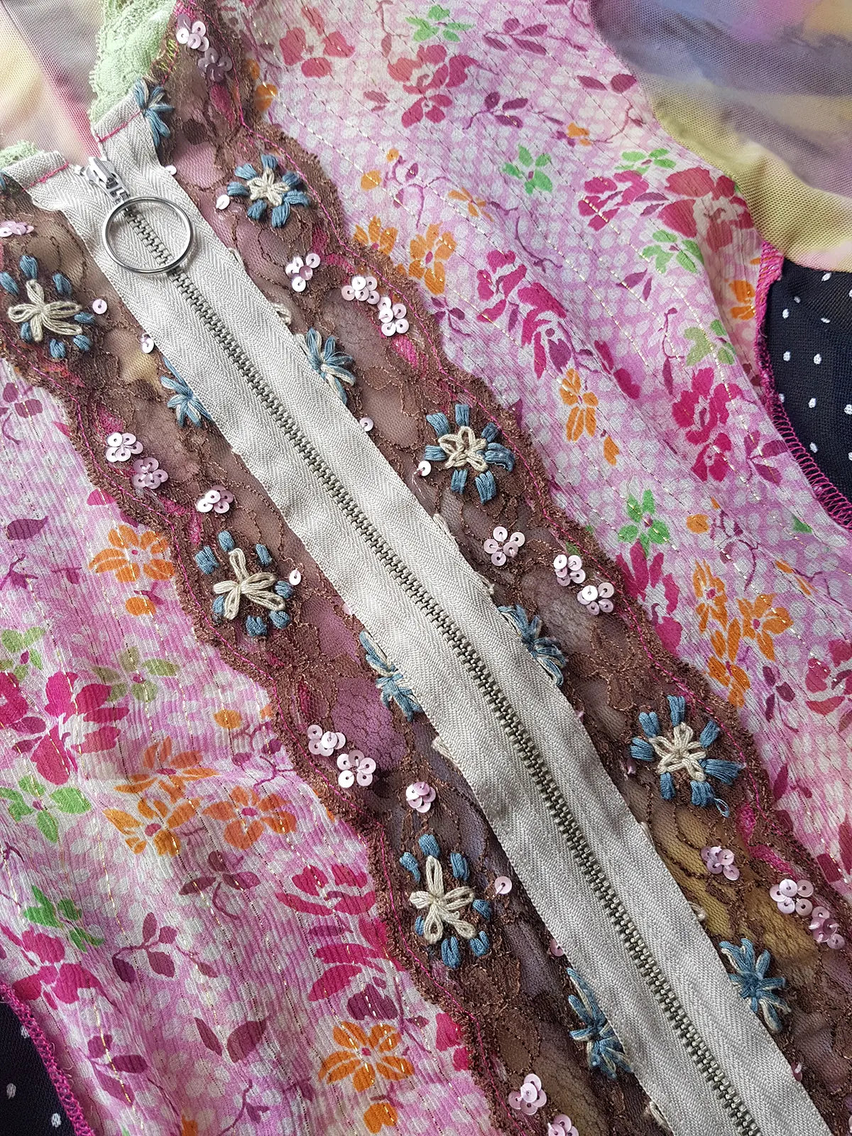 Unbelievable 90s Designer David Pond Mesh & Lace top with intricate hand embroidery and mixed fabrics in Pinks & Greens - very JPG style