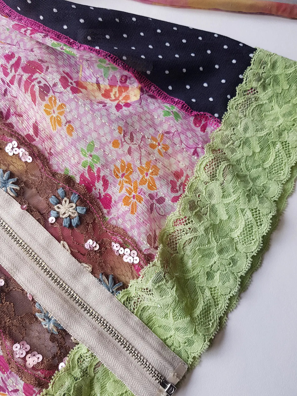 Unbelievable 90s Designer David Pond Mesh & Lace top with intricate hand embroidery and mixed fabrics in Pinks & Greens - very JPG style