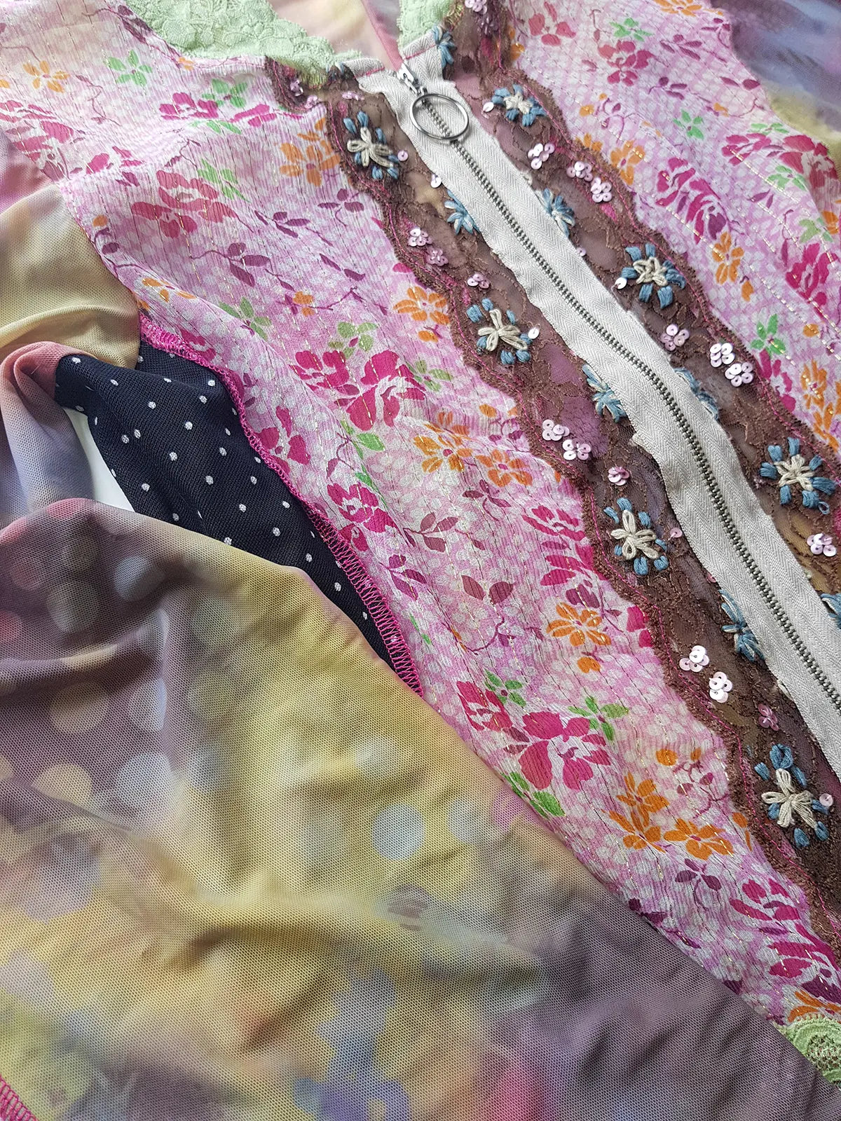 Unbelievable 90s Designer David Pond Mesh & Lace top with intricate hand embroidery and mixed fabrics in Pinks & Greens - very JPG style