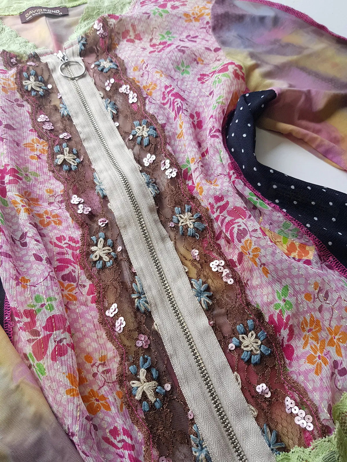 Unbelievable 90s Designer David Pond Mesh & Lace top with intricate hand embroidery and mixed fabrics in Pinks & Greens - very JPG style