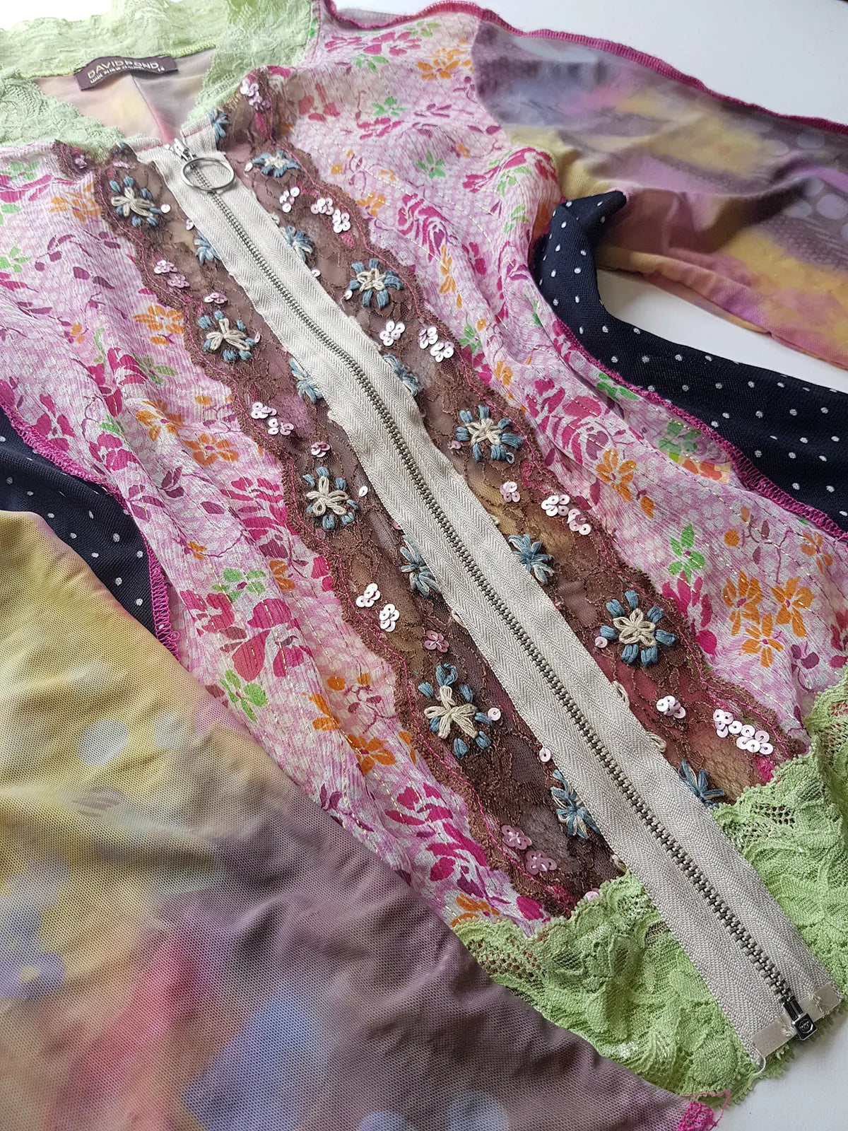 Unbelievable 90s Designer David Pond Mesh & Lace top with intricate hand embroidery and mixed fabrics in Pinks & Greens - very JPG style