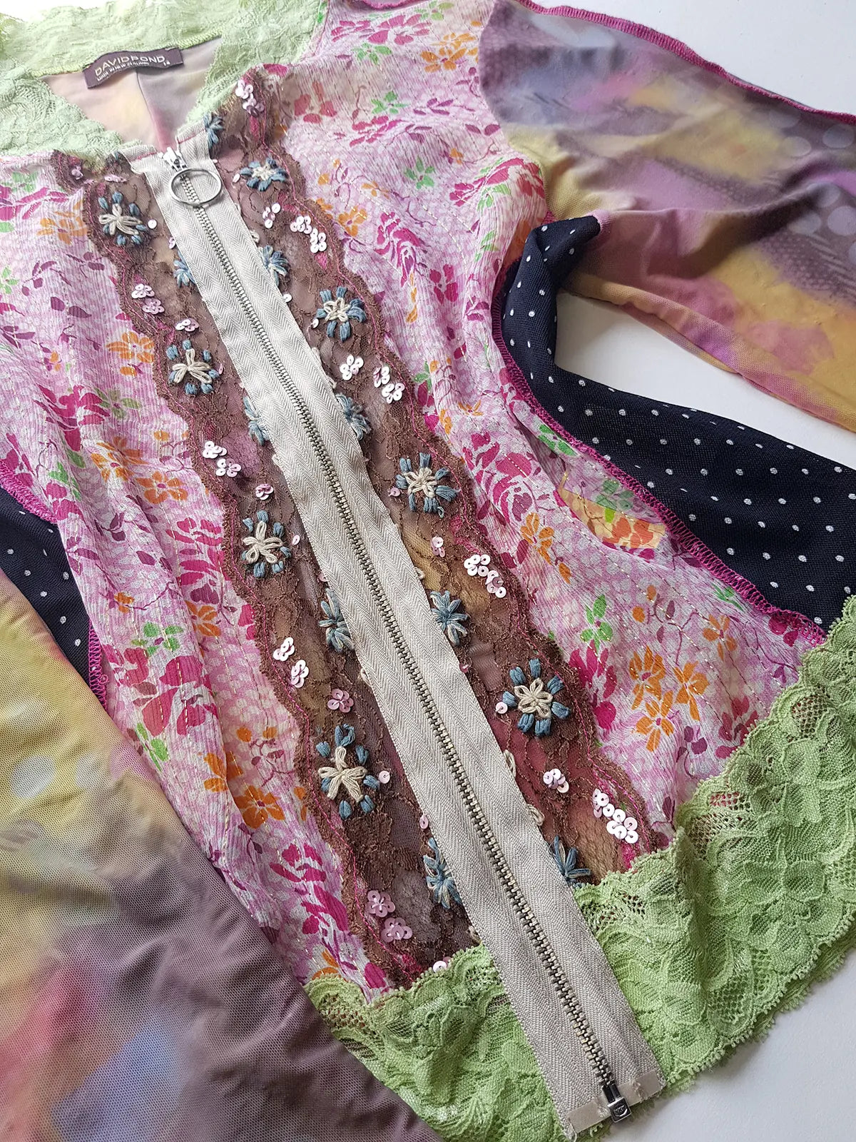 Unbelievable 90s Designer David Pond Mesh & Lace top with intricate hand embroidery and mixed fabrics in Pinks & Greens - very JPG style