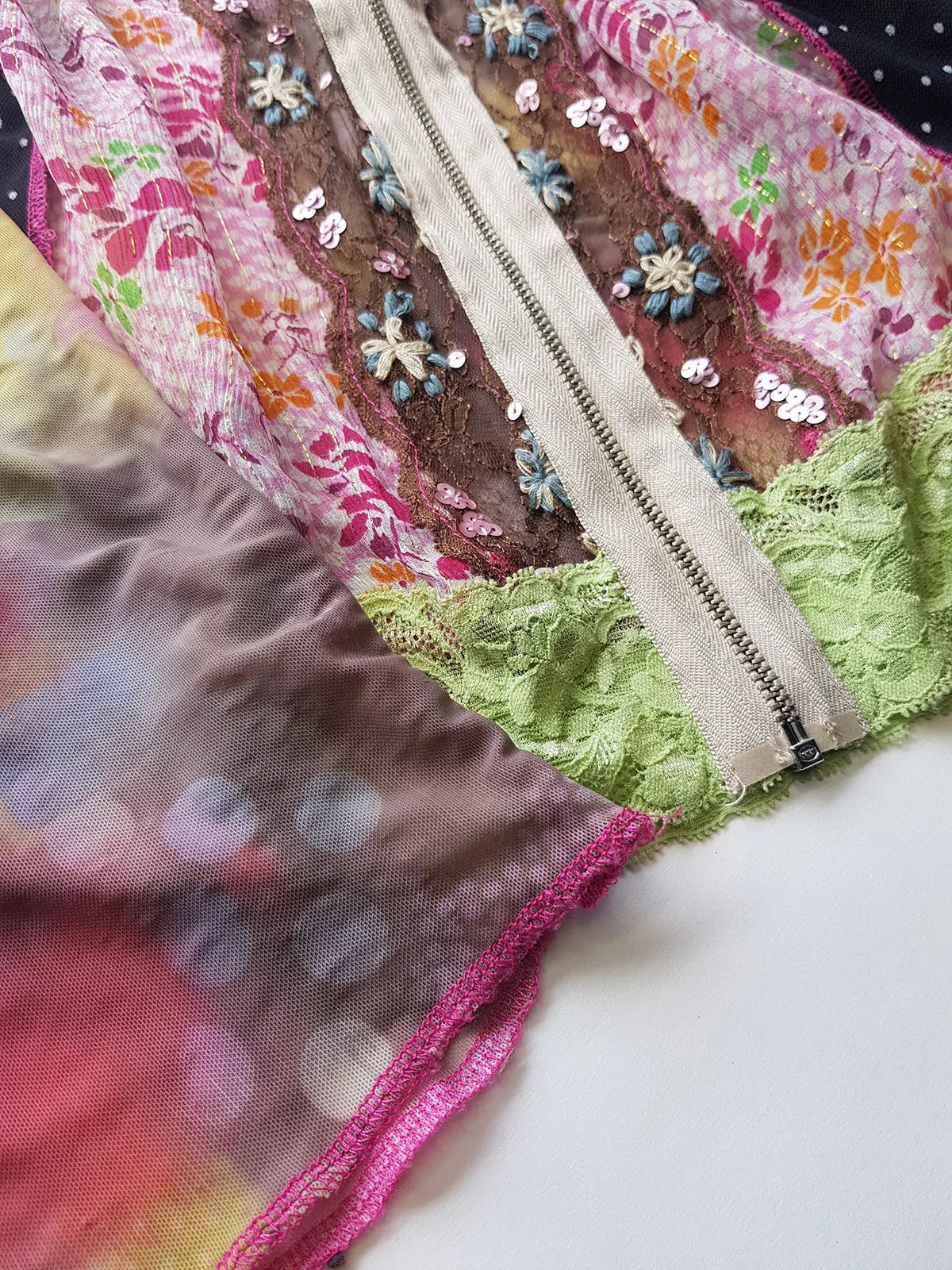 Unbelievable 90s Designer David Pond Mesh & Lace top with intricate hand embroidery and mixed fabrics in Pinks & Greens - very JPG style