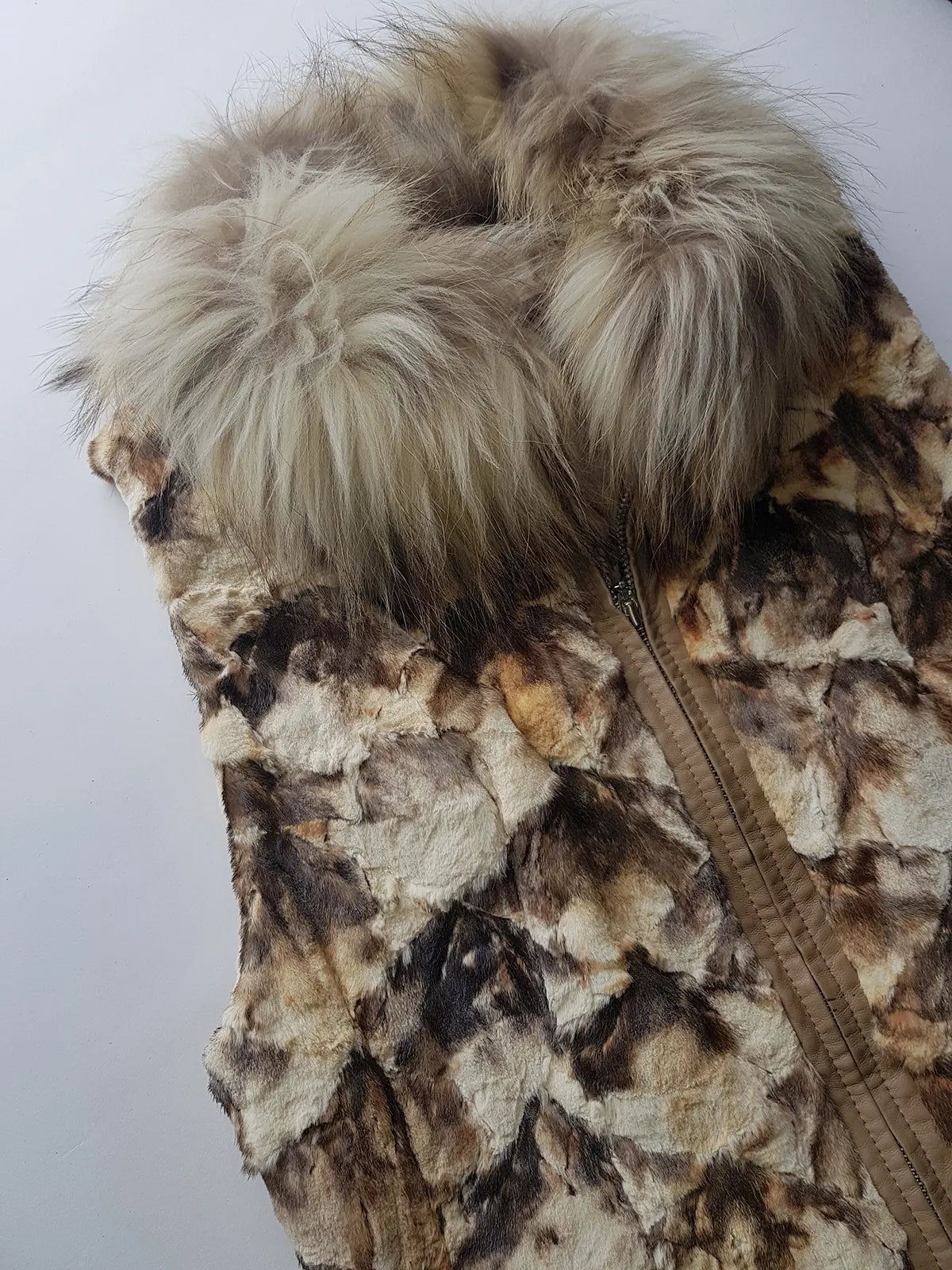 90s Vintage Brown & Cream Fur Vest with Incredible Fluffy Fox Fur Collar - Fully Lined - Chunky Heavy Zip Hardware