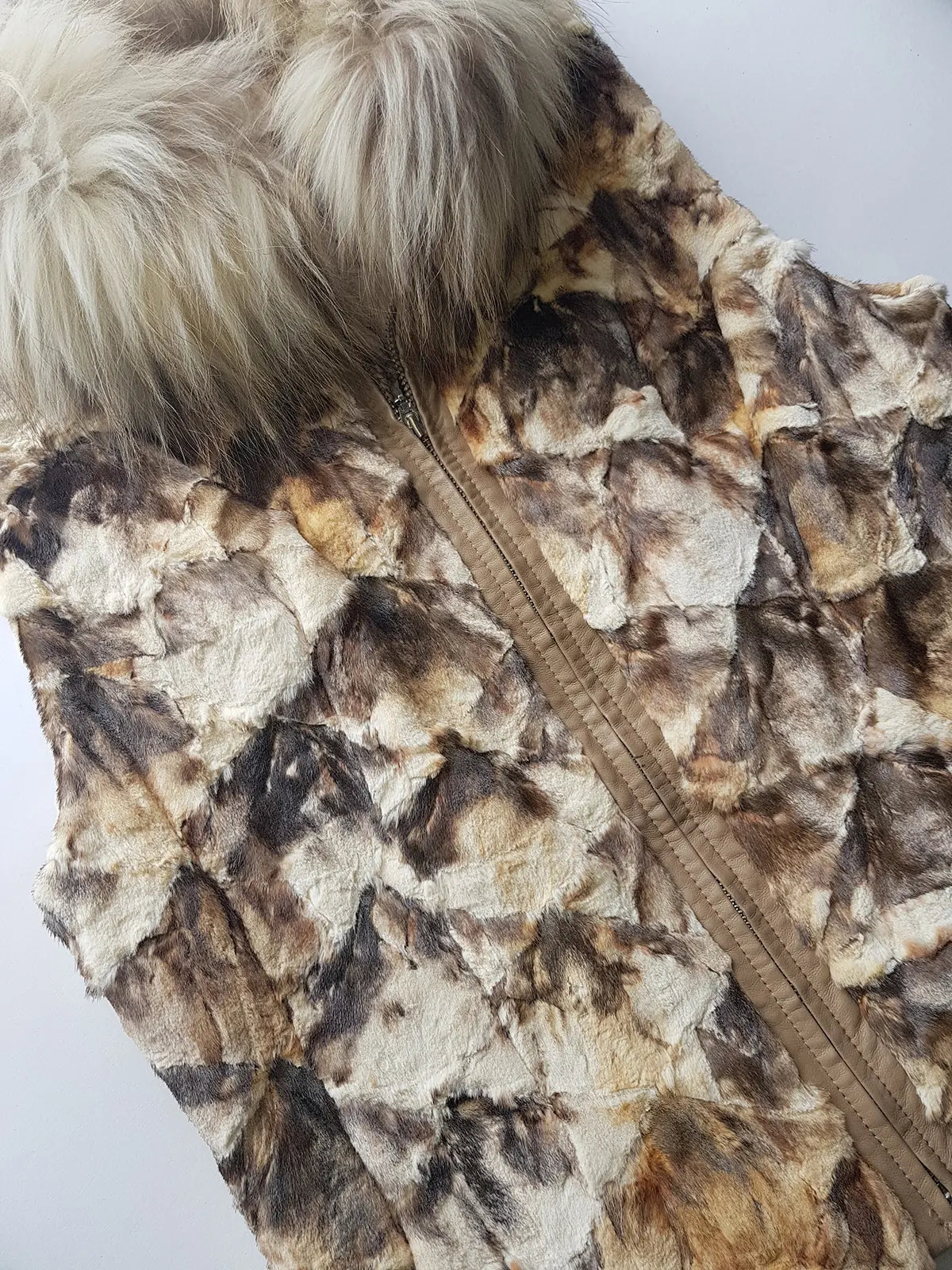 90s Vintage Brown & Cream Fur Vest with Incredible Fluffy Fox Fur Collar - Fully Lined - Chunky Heavy Zip Hardware