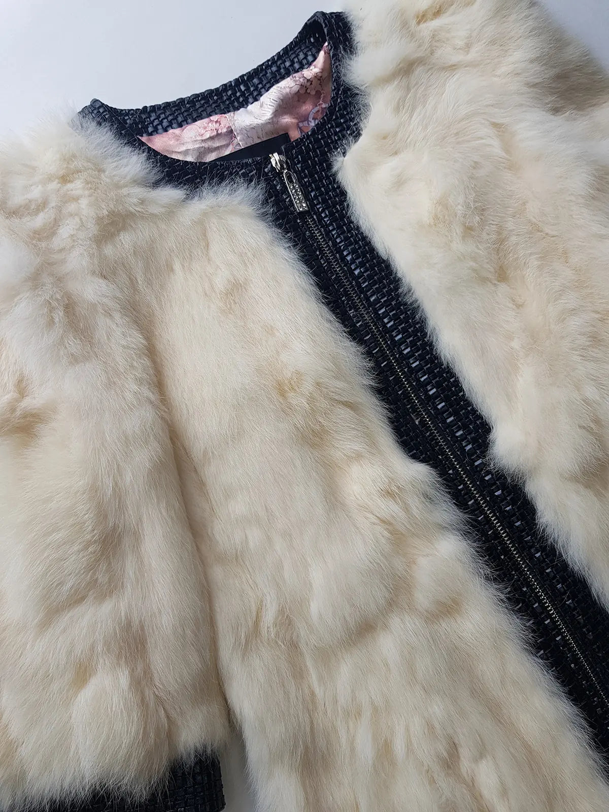 2000s Vintage Authentic White Rabbit Coat with Black Braided Leather Feature Detailing - Short Sleeves & fully lined