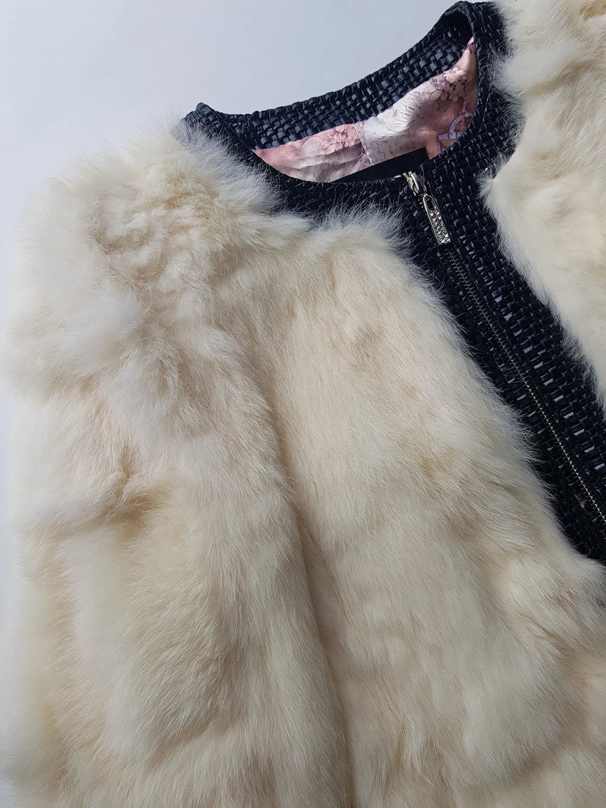 2000s Vintage Authentic White Rabbit Coat with Black Braided Leather Feature Detailing - Short Sleeves & fully lined