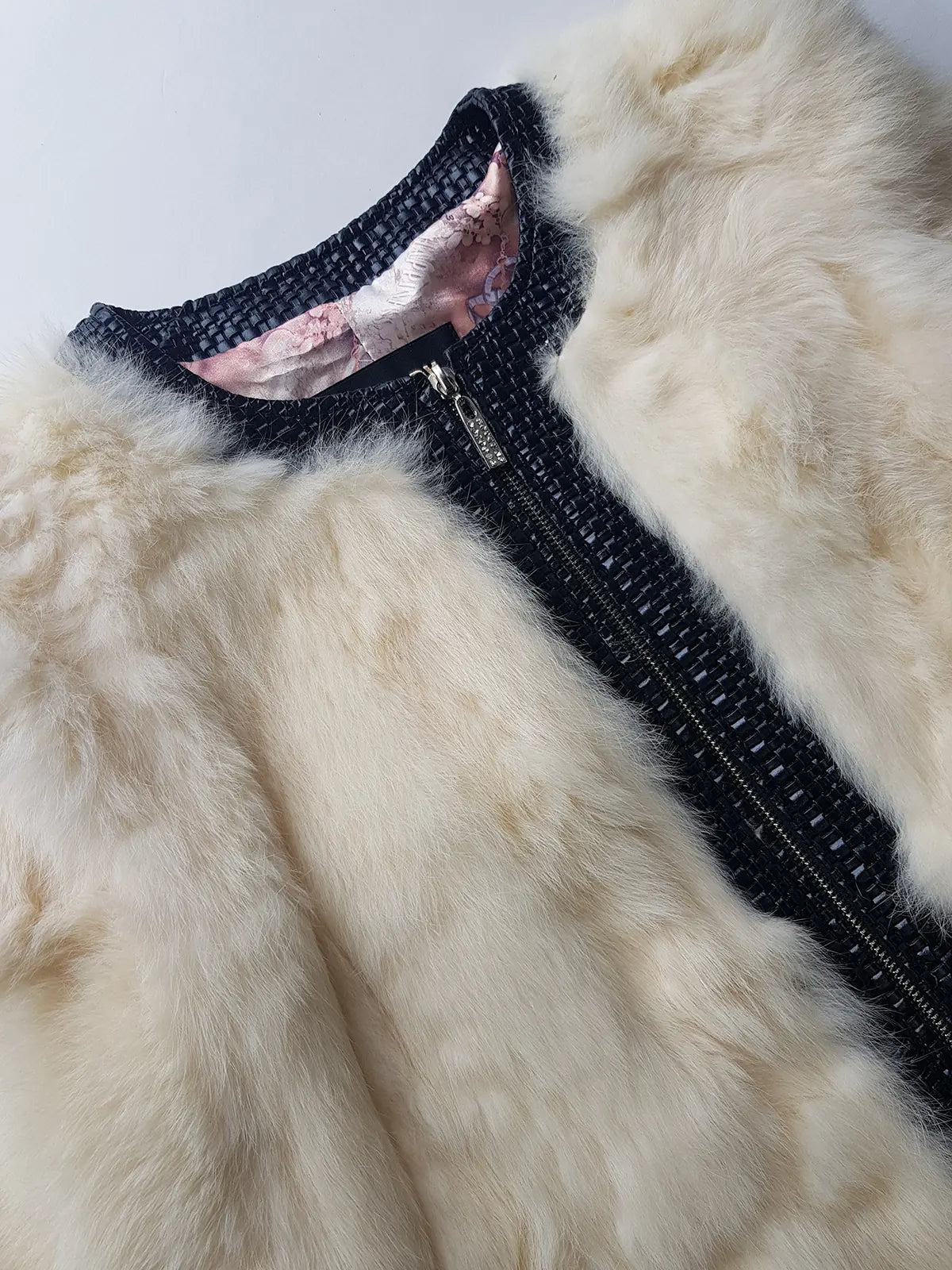 2000s Vintage Authentic White Rabbit Coat with Black Braided Leather Feature Detailing - Short Sleeves & fully lined