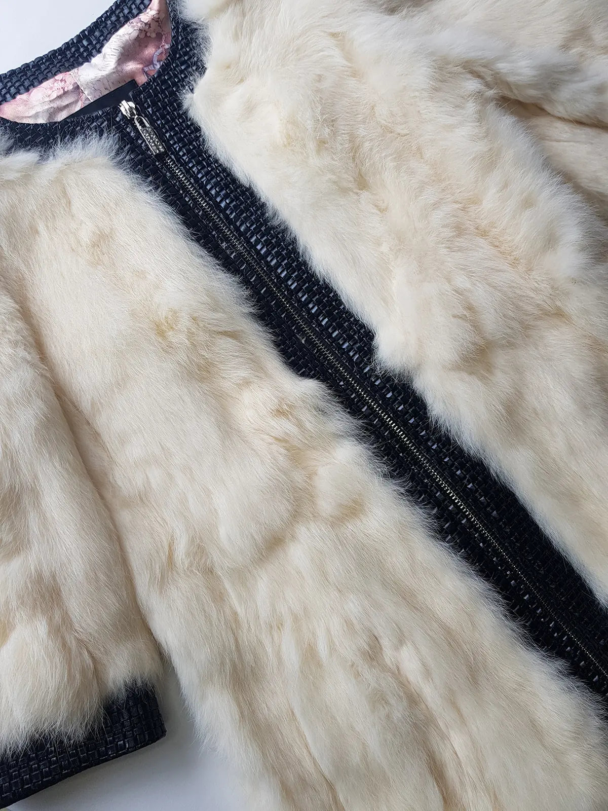 2000s Vintage Authentic White Rabbit Coat with Black Braided Leather Feature Detailing - Short Sleeves & fully lined