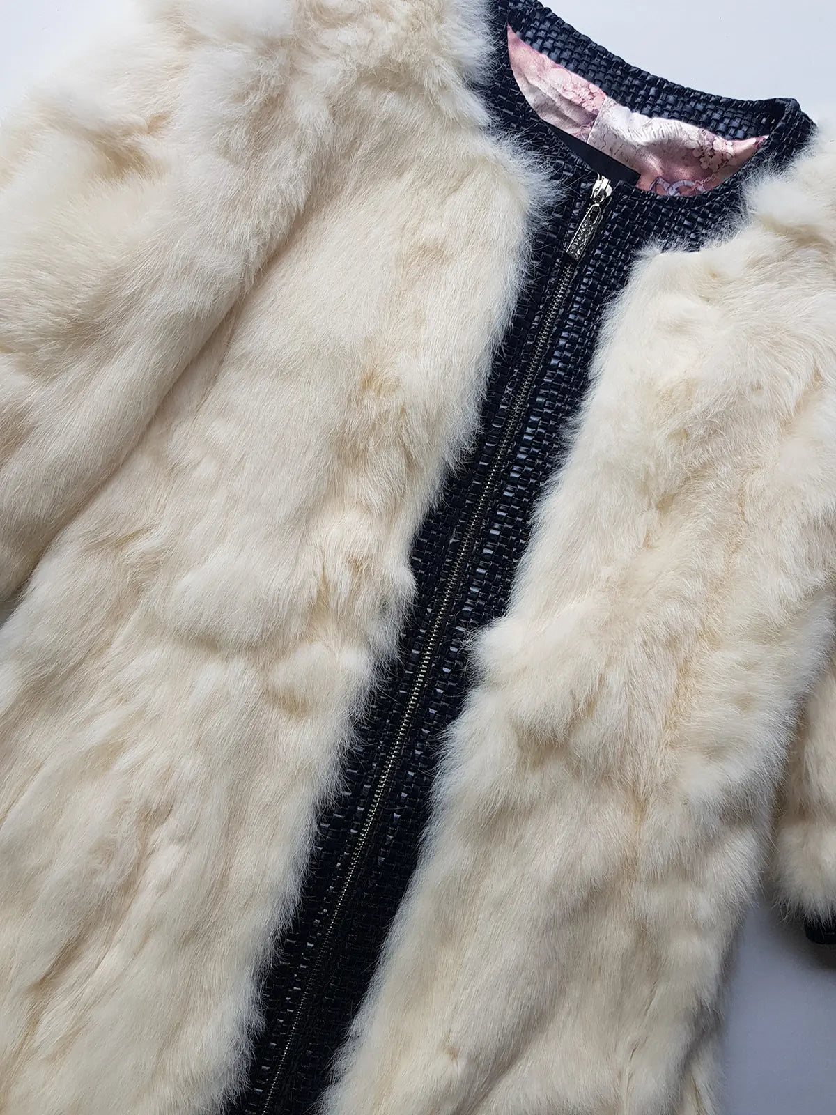 2000s Vintage Authentic White Rabbit Coat with Black Braided Leather Feature Detailing - Short Sleeves & fully lined