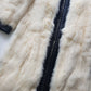 2000s Vintage Authentic White Rabbit Coat with Black Braided Leather Feature Detailing - Short Sleeves & fully lined
