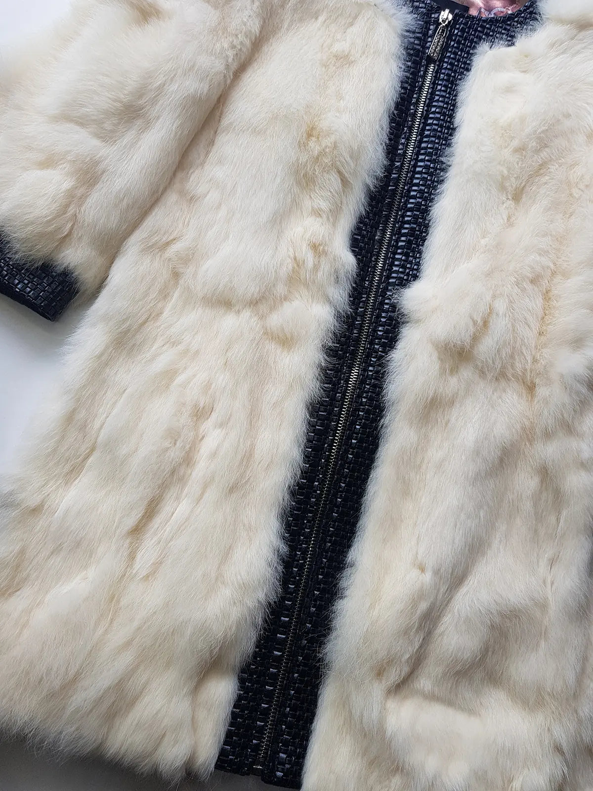 2000s Vintage Authentic White Rabbit Coat with Black Braided Leather Feature Detailing - Short Sleeves & fully lined