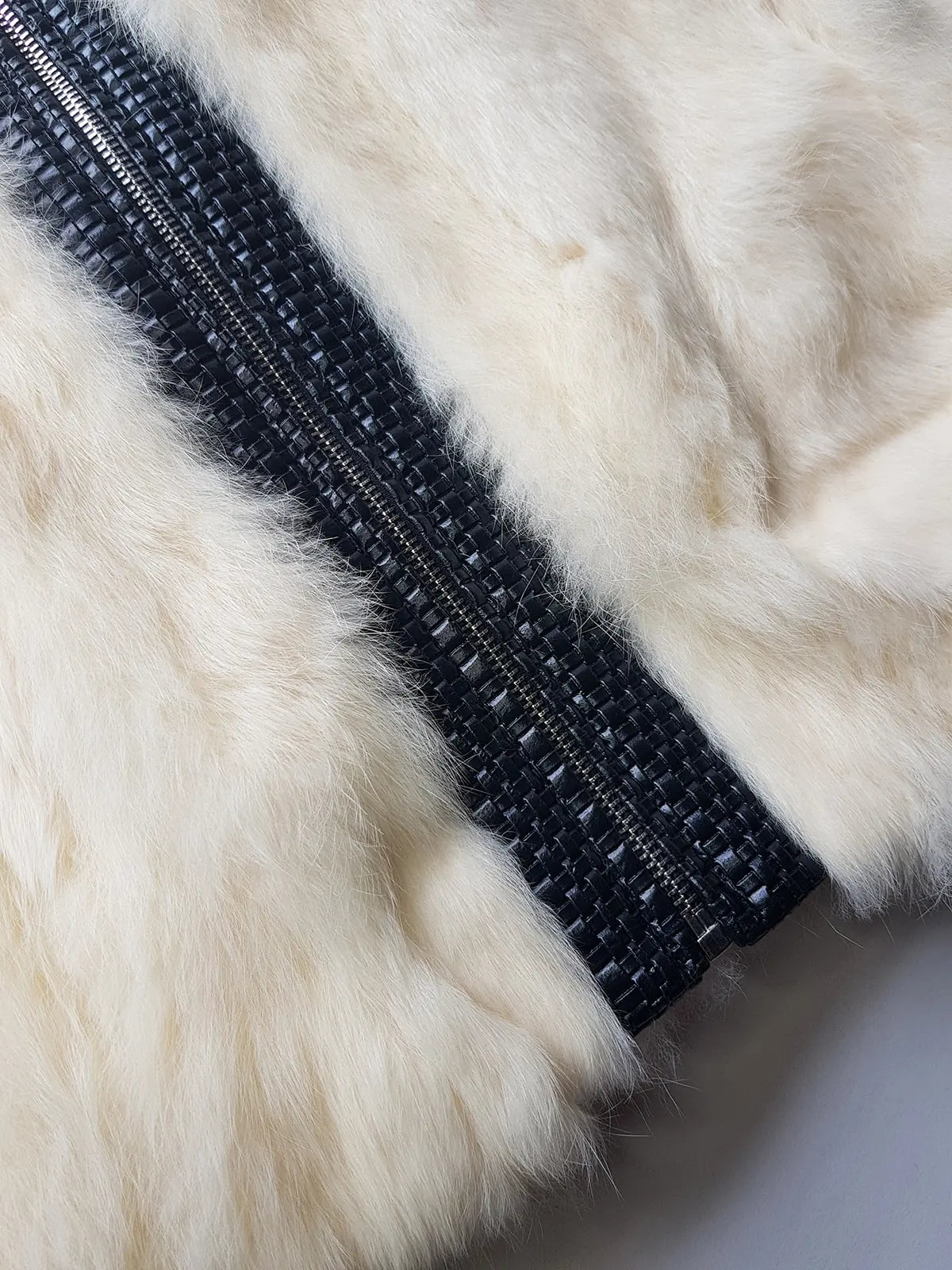 2000s Vintage Authentic White Rabbit Coat with Black Braided Leather Feature Detailing - Short Sleeves & fully lined