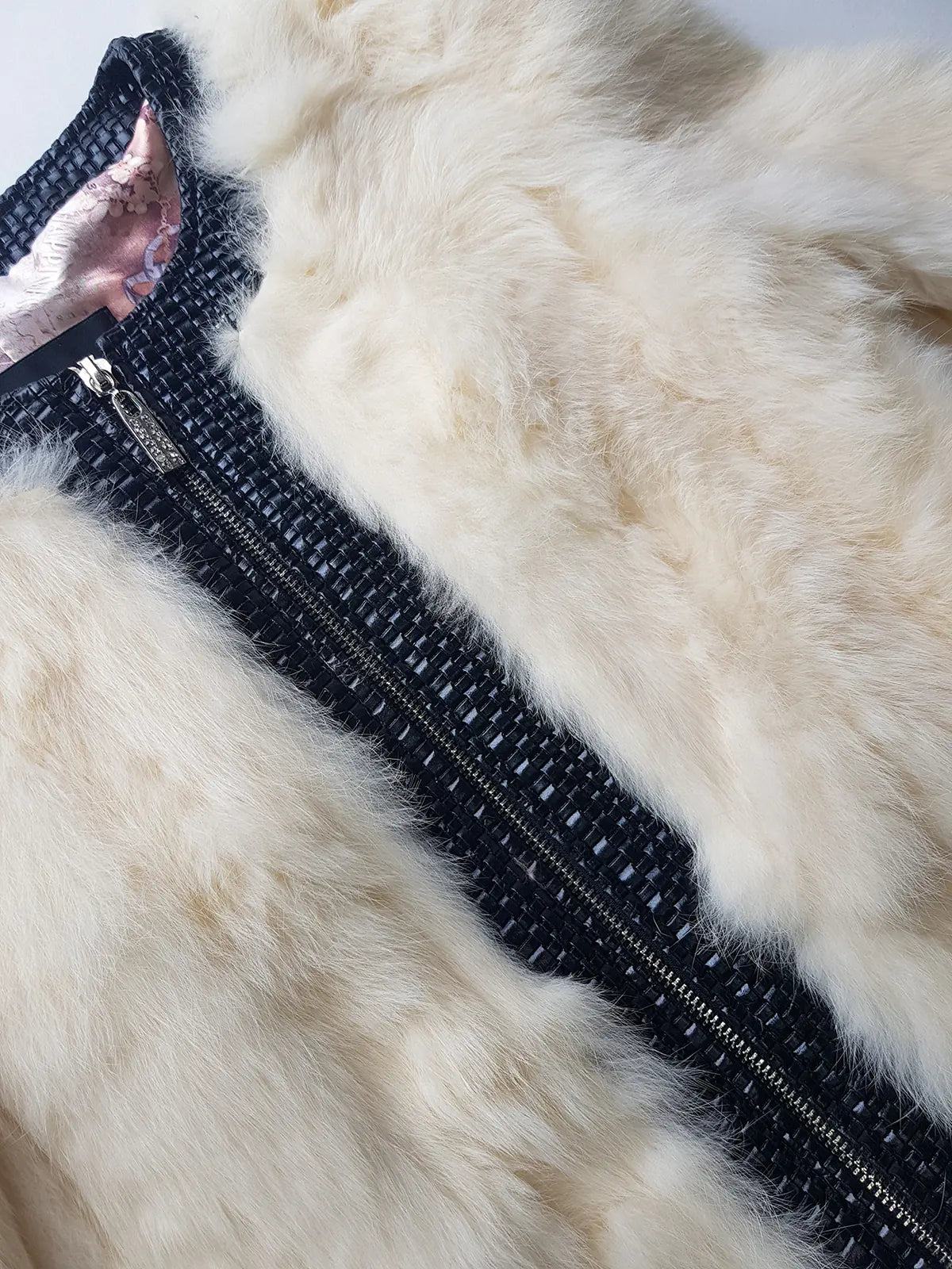 2000s Vintage Authentic White Rabbit Coat with Black Braided Leather Feature Detailing - Short Sleeves & fully lined