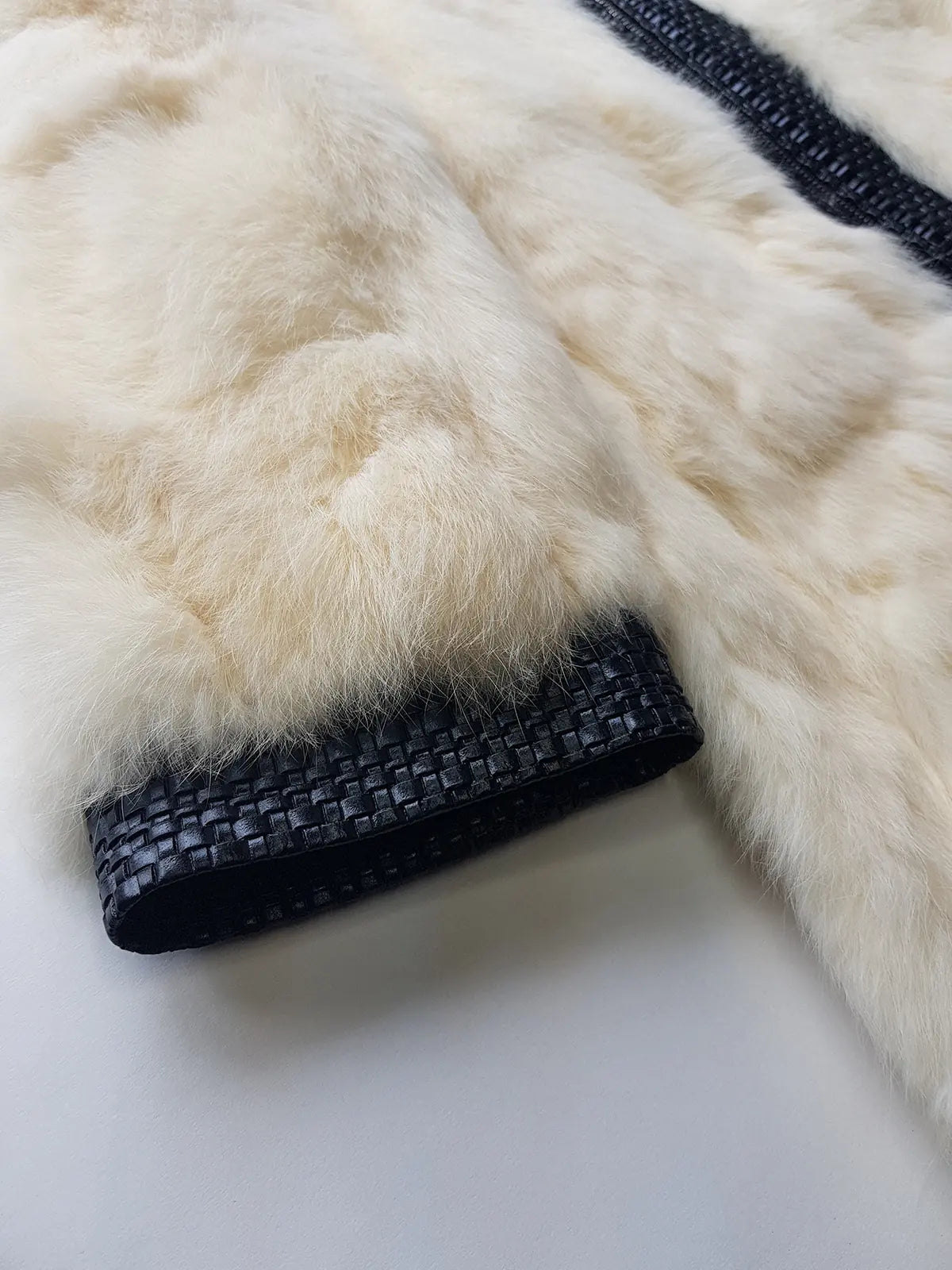 2000s Vintage Authentic White Rabbit Coat with Black Braided Leather Feature Detailing - Short Sleeves & fully lined