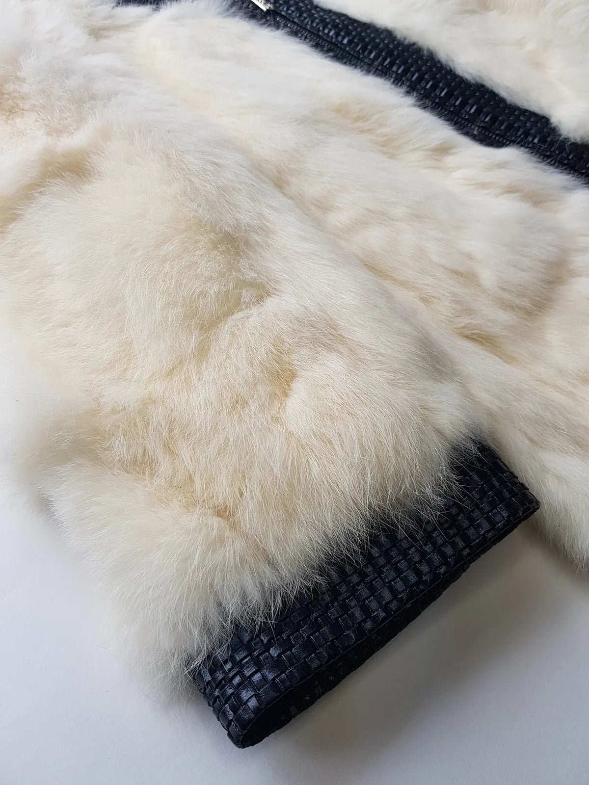 2000s Vintage Authentic White Rabbit Coat with Black Braided Leather Feature Detailing - Short Sleeves & fully lined