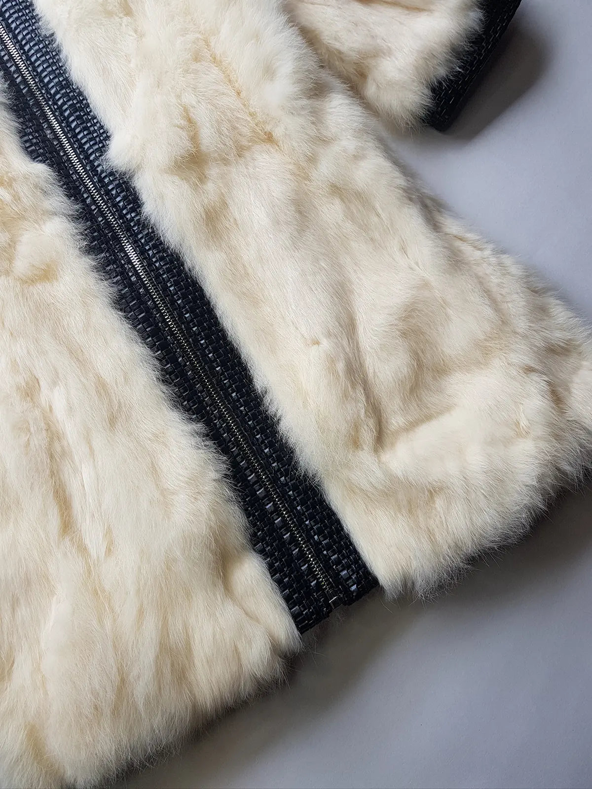 2000s Vintage Authentic White Rabbit Coat with Black Braided Leather Feature Detailing - Short Sleeves & fully lined