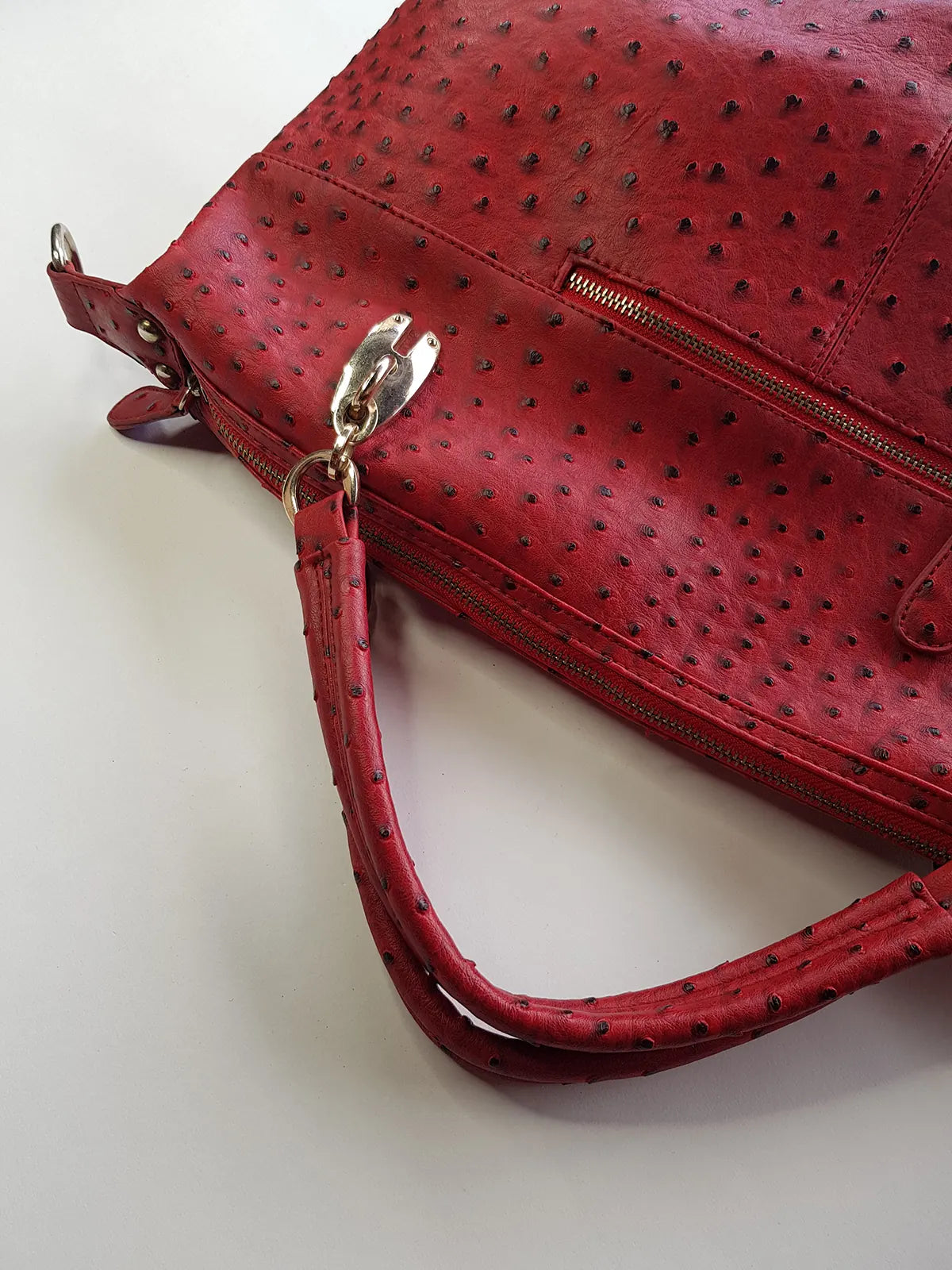 Vintage 2000s Ruby Red Vegan Ostrich Leather Bag - Gold Hardware - Chocolate Lining & Internal Pockets
