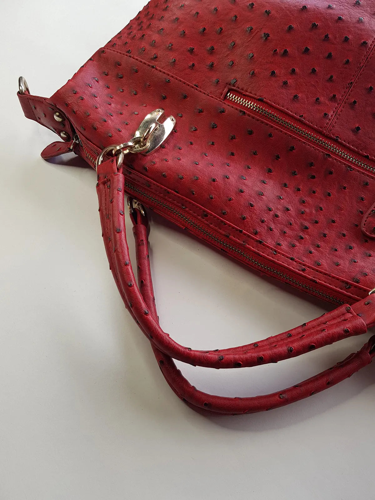 Vintage 2000s Ruby Red Vegan Ostrich Leather Bag - Gold Hardware - Chocolate Lining & Internal Pockets