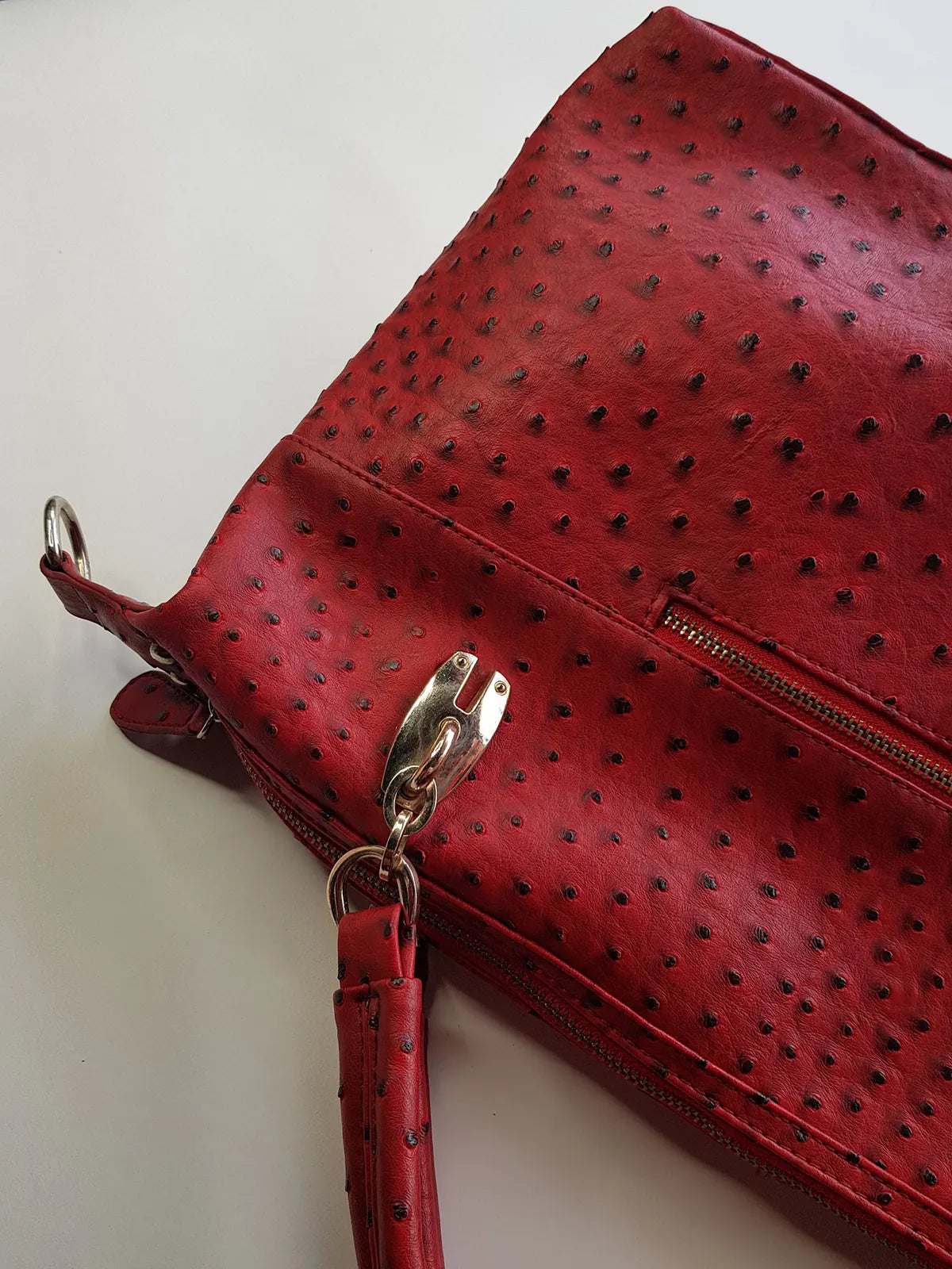 Vintage 2000s Ruby Red Vegan Ostrich Leather Bag - Gold Hardware - Chocolate Lining & Internal Pockets