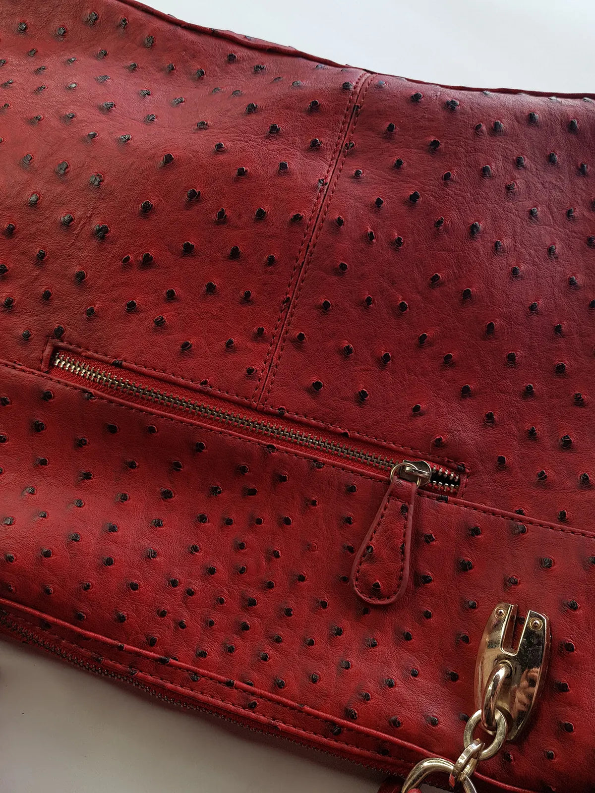Vintage 2000s Ruby Red Vegan Ostrich Leather Bag - Gold Hardware - Chocolate Lining & Internal Pockets