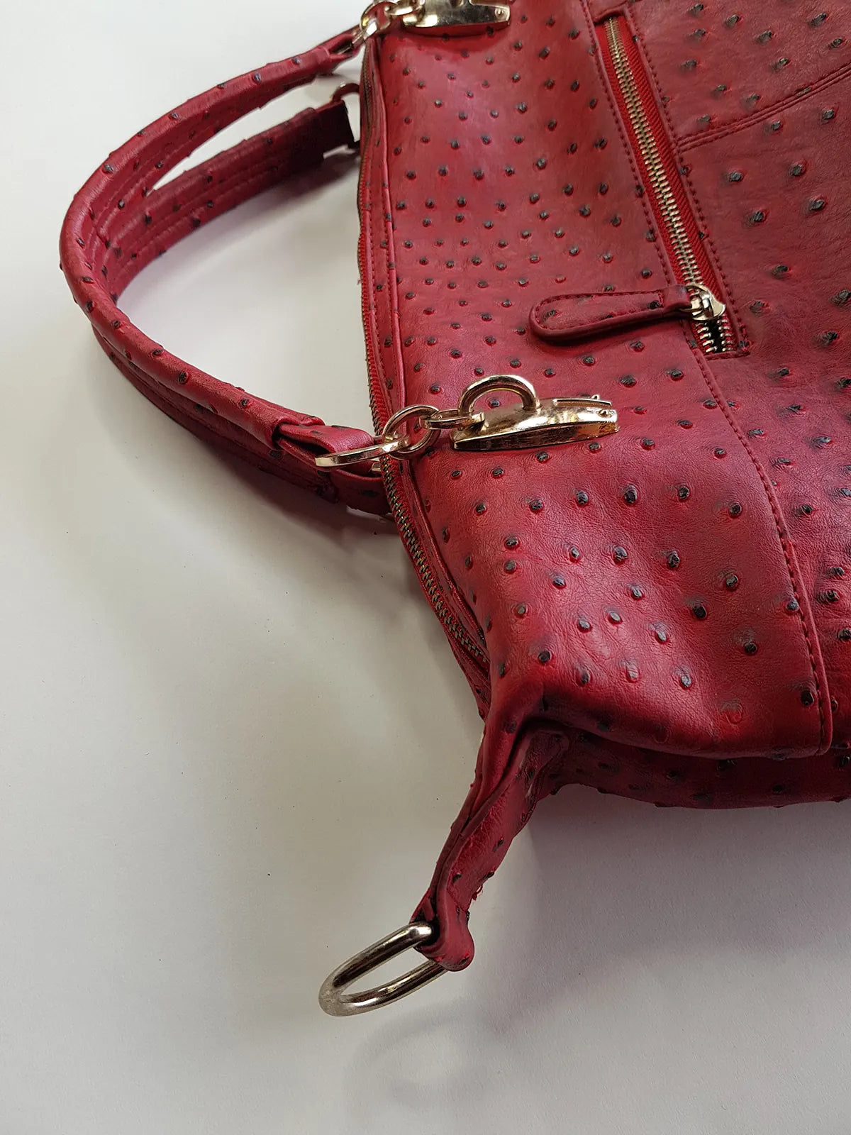Vintage 2000s Ruby Red Vegan Ostrich Leather Bag - Gold Hardware - Chocolate Lining & Internal Pockets