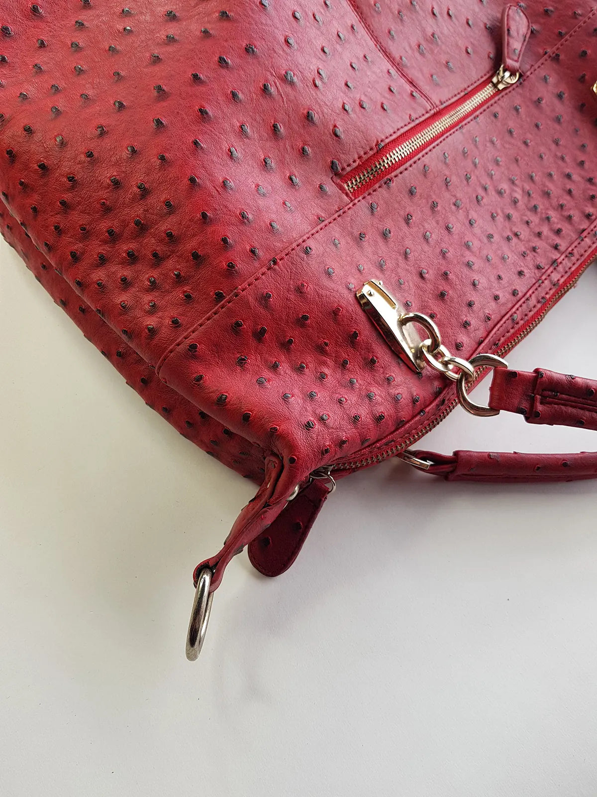 Vintage 2000s Ruby Red Vegan Ostrich Leather Bag - Gold Hardware - Chocolate Lining & Internal Pockets