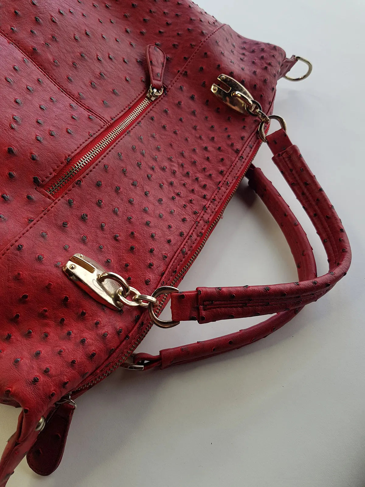 Vintage 2000s Ruby Red Vegan Ostrich Leather Bag - Gold Hardware - Chocolate Lining & Internal Pockets