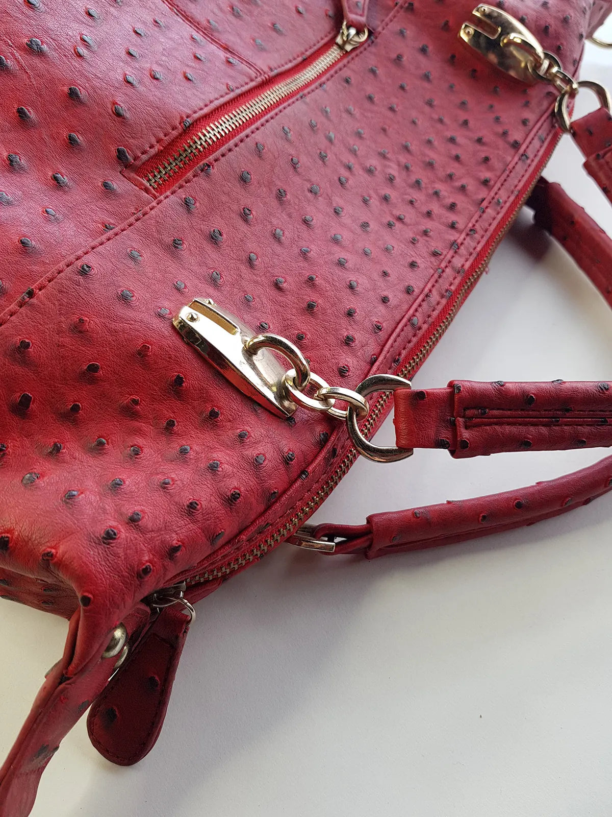 Vintage 2000s Ruby Red Vegan Ostrich Leather Bag - Gold Hardware - Chocolate Lining & Internal Pockets