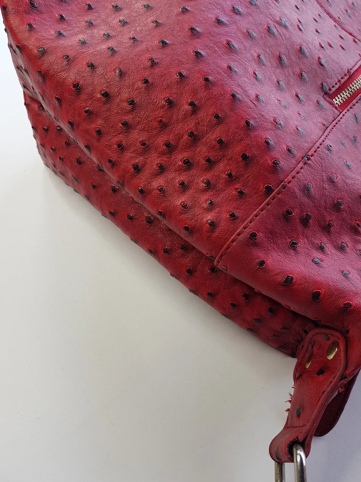 Vintage 2000s Ruby Red Vegan Ostrich Leather Bag - Gold Hardware - Chocolate Lining & Internal Pockets