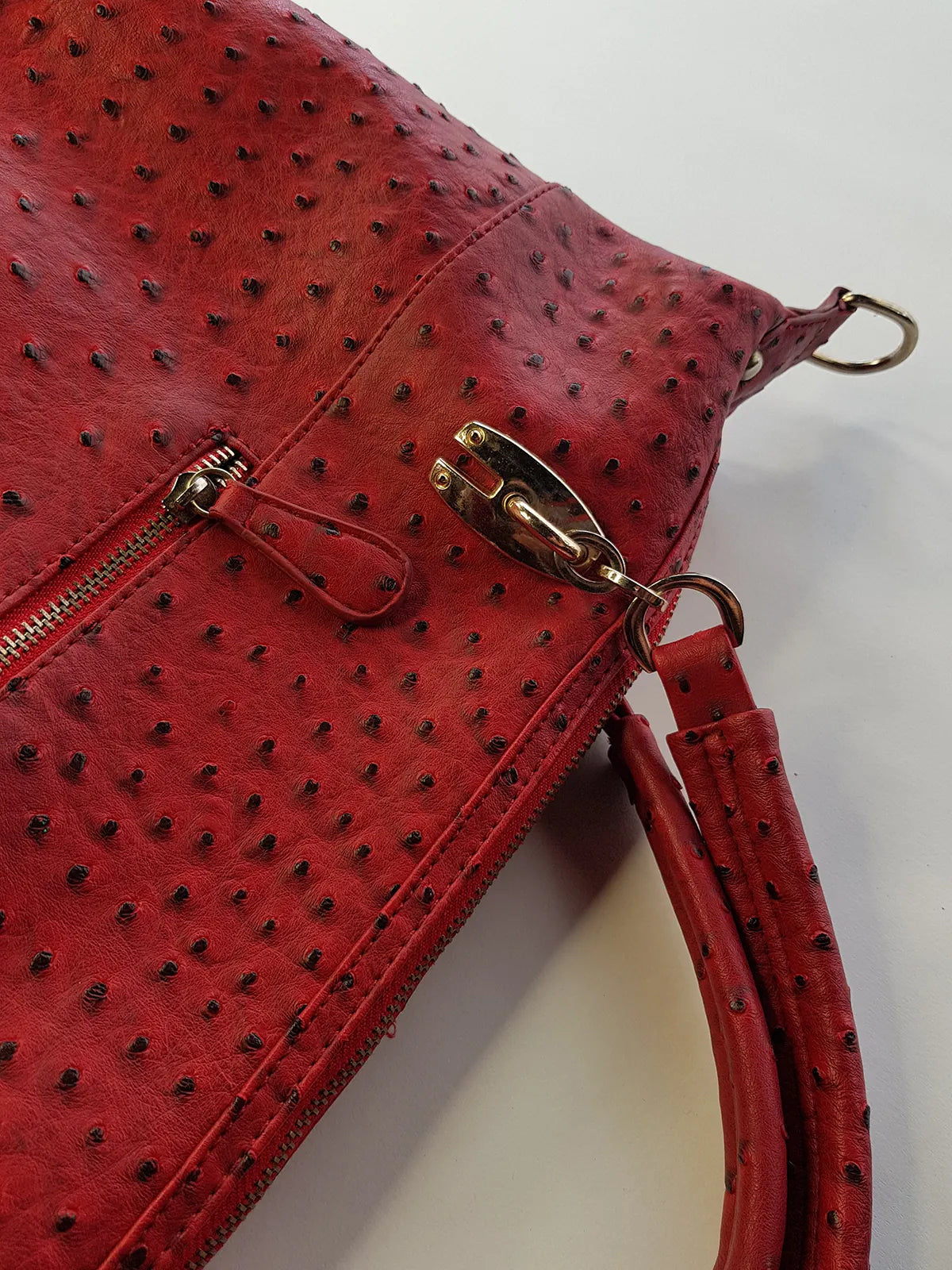 Vintage 2000s Ruby Red Vegan Ostrich Leather Bag - Gold Hardware - Chocolate Lining & Internal Pockets