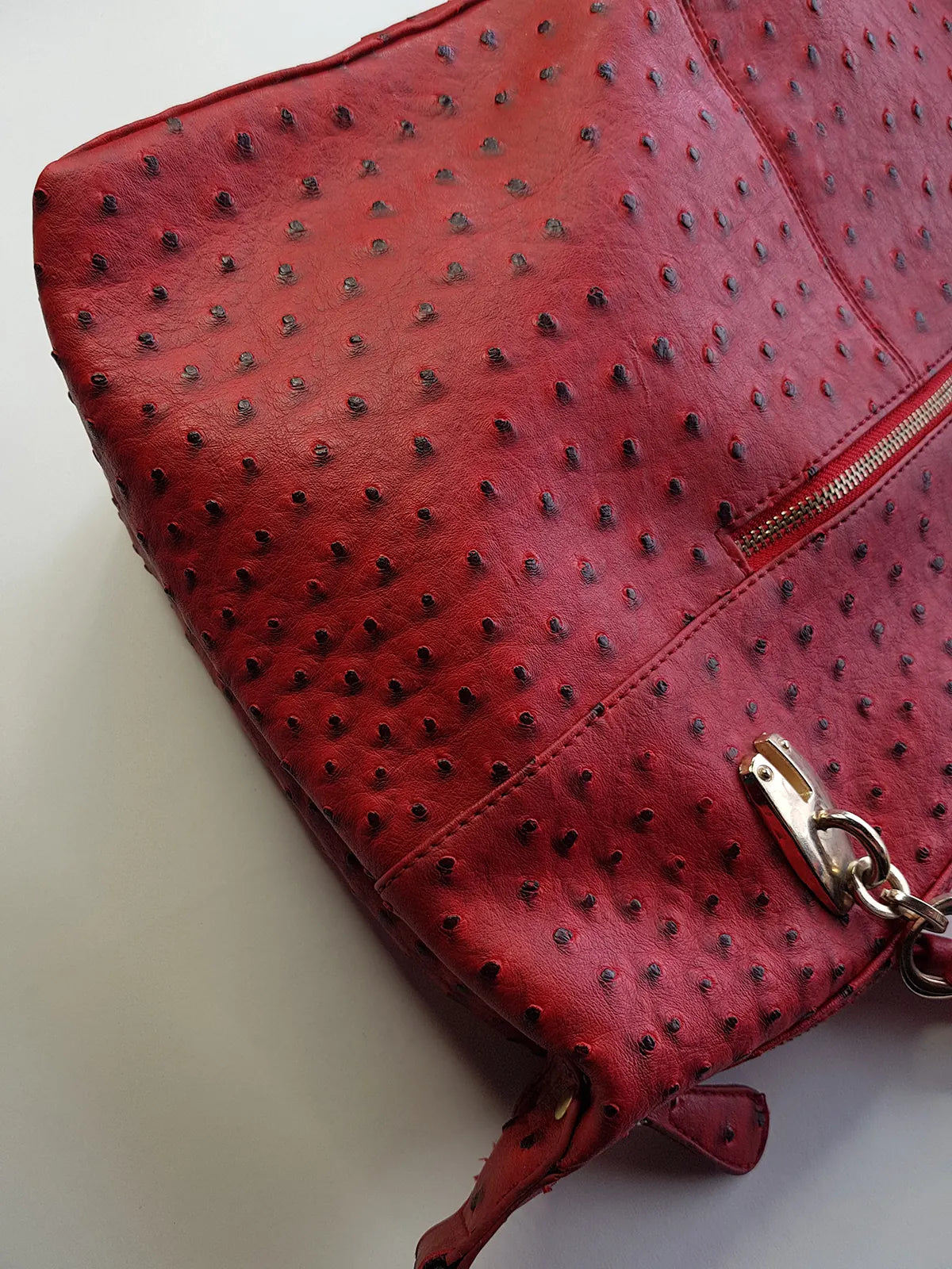 Vintage 2000s Ruby Red Vegan Ostrich Leather Bag - Gold Hardware - Chocolate Lining & Internal Pockets