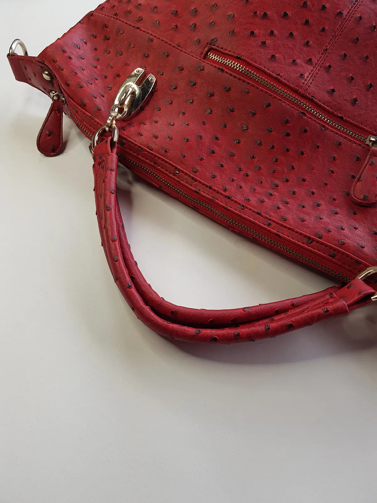 Vintage 2000s Ruby Red Vegan Ostrich Leather Bag - Gold Hardware - Chocolate Lining & Internal Pockets