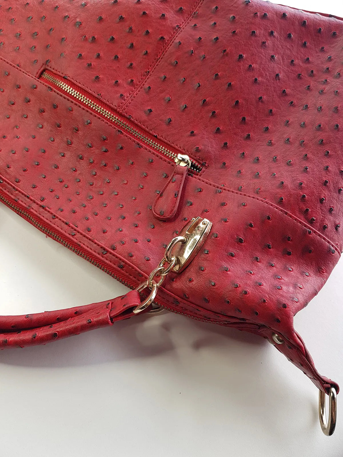 Vintage 2000s Ruby Red Vegan Ostrich Leather Bag - Gold Hardware - Chocolate Lining & Internal Pockets