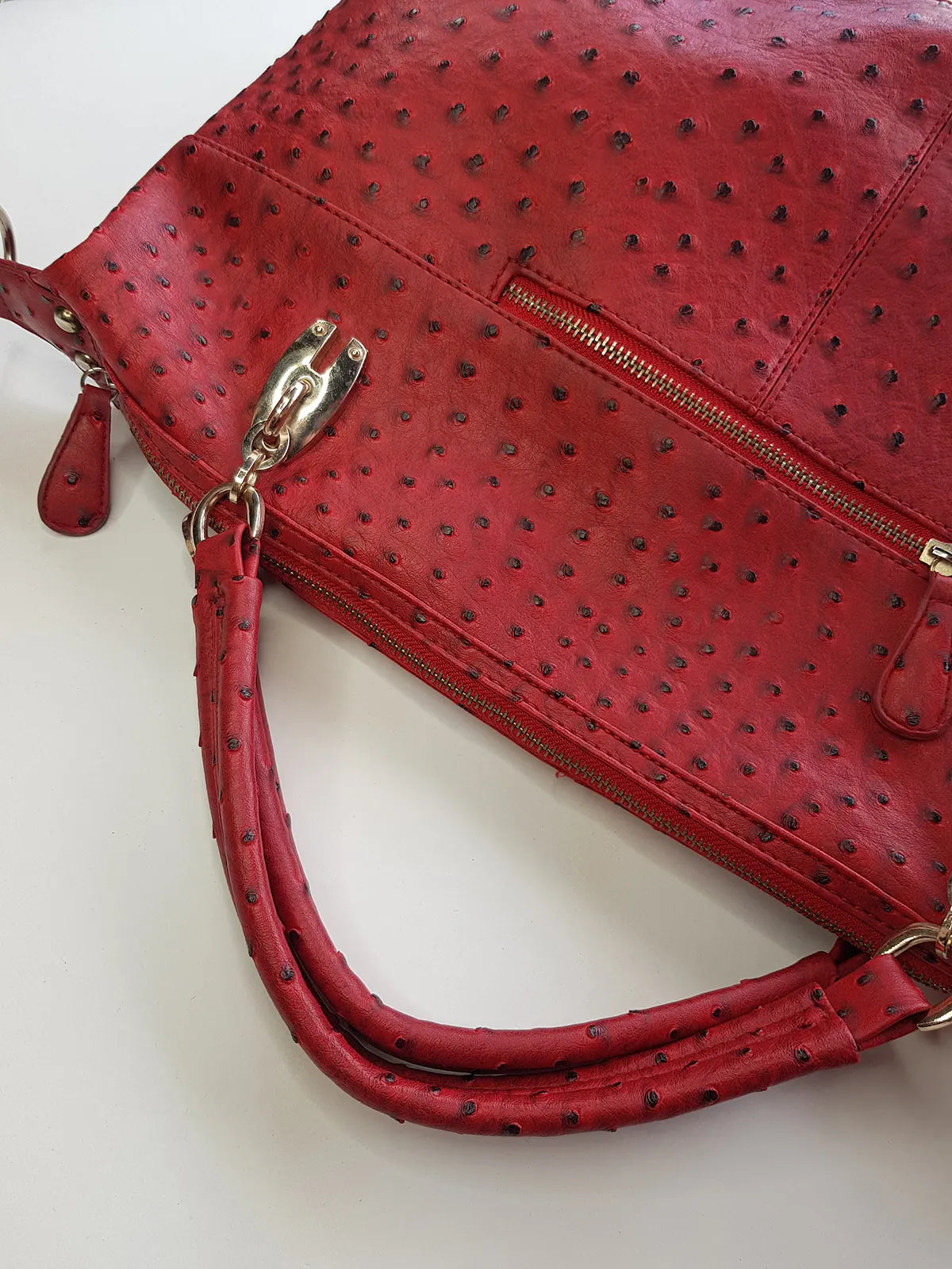 Vintage 2000s Ruby Red Vegan Ostrich Leather Bag - Gold Hardware - Chocolate Lining & Internal Pockets